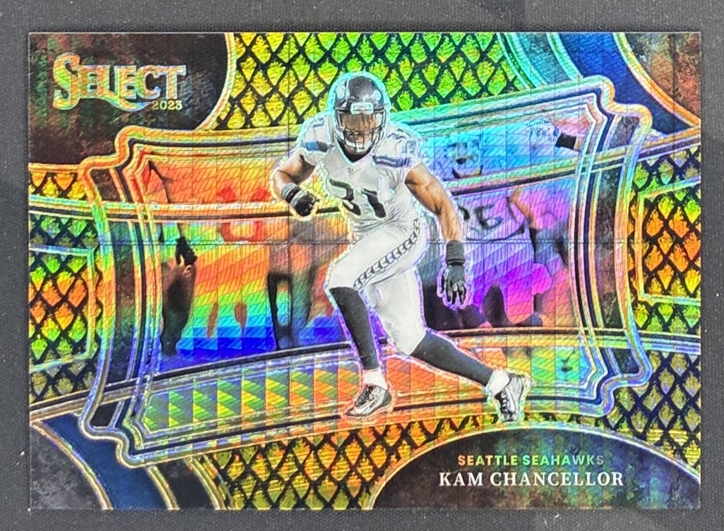2023 Panini Select Kam Chancellor Field Level Gold Dragon Scale Prizm numbered to 10 trading card #387 in Near Mint condition.