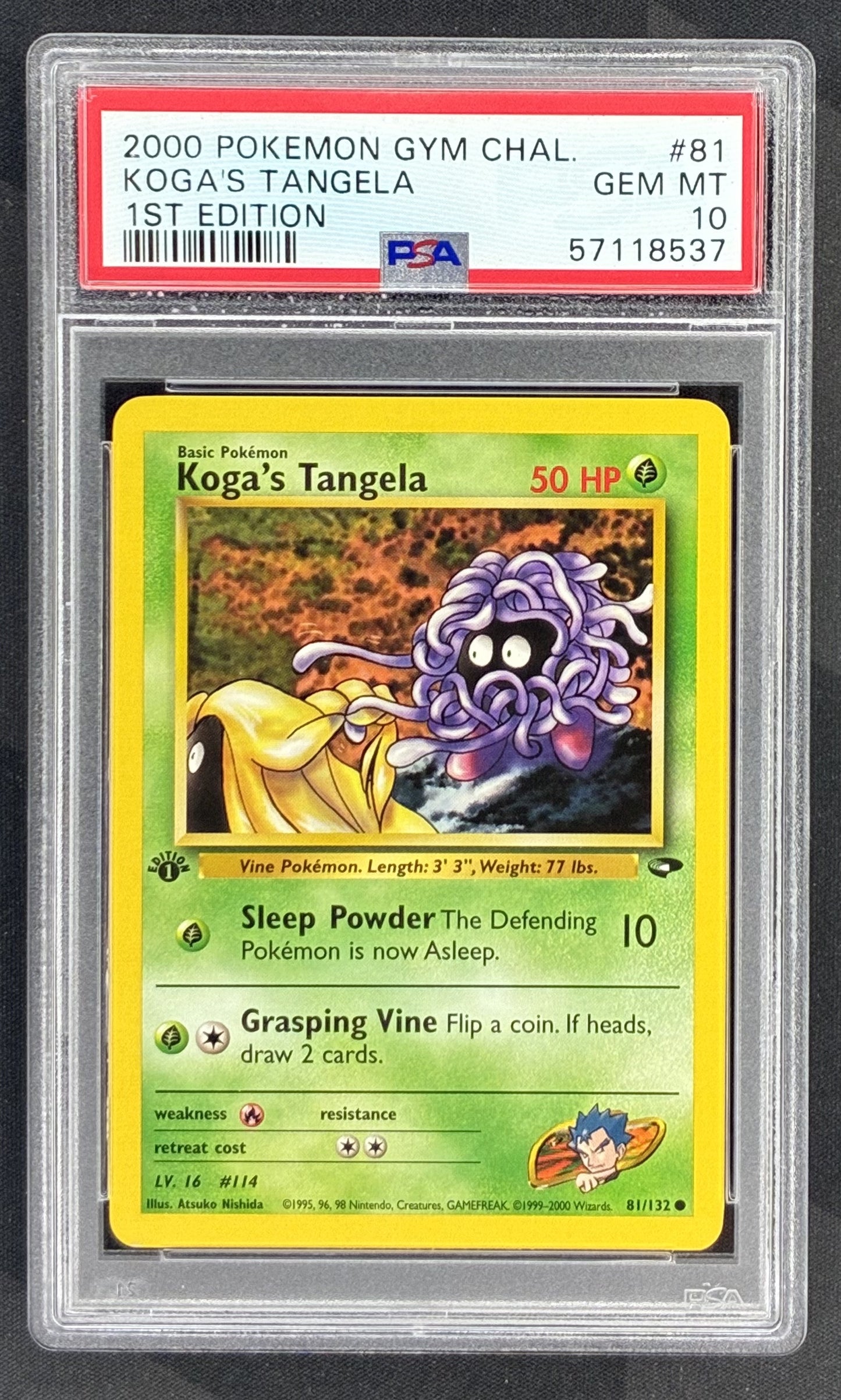 2000 Pokémon Gym Challenge 1st Edition Koga's Tangela 81/132 English card graded PSA 10 Gem Mint.
