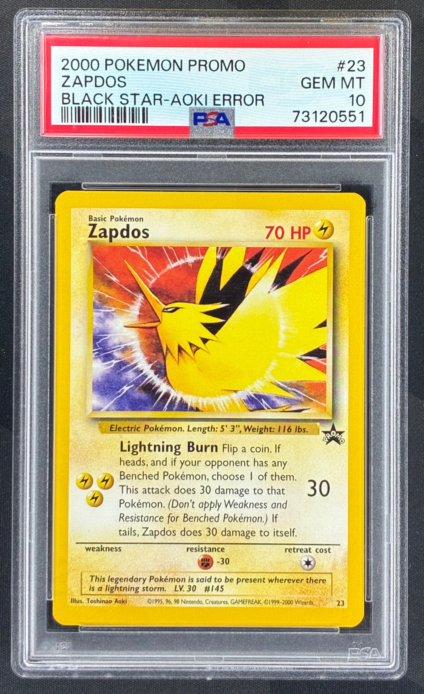 2000 Pokémon Black Star Promo Zapdos #23 Holo PSA 10 Gem Mint Aoki Error