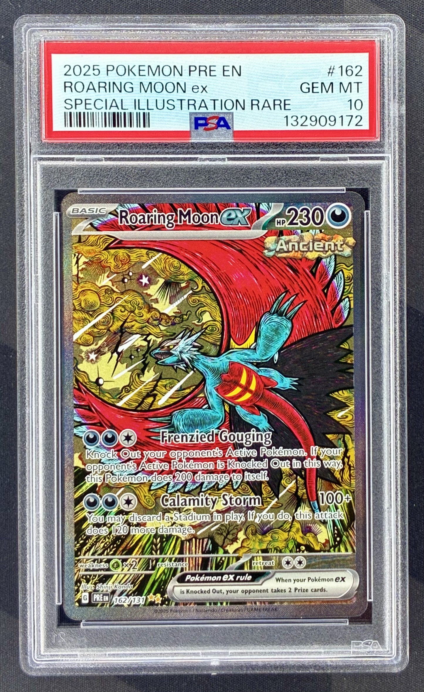 2025 Pokémon Prismatic Evolutions Roaring Moon ex 162/131 Special Illustration Rare card graded PSA 10 Gem Mint.