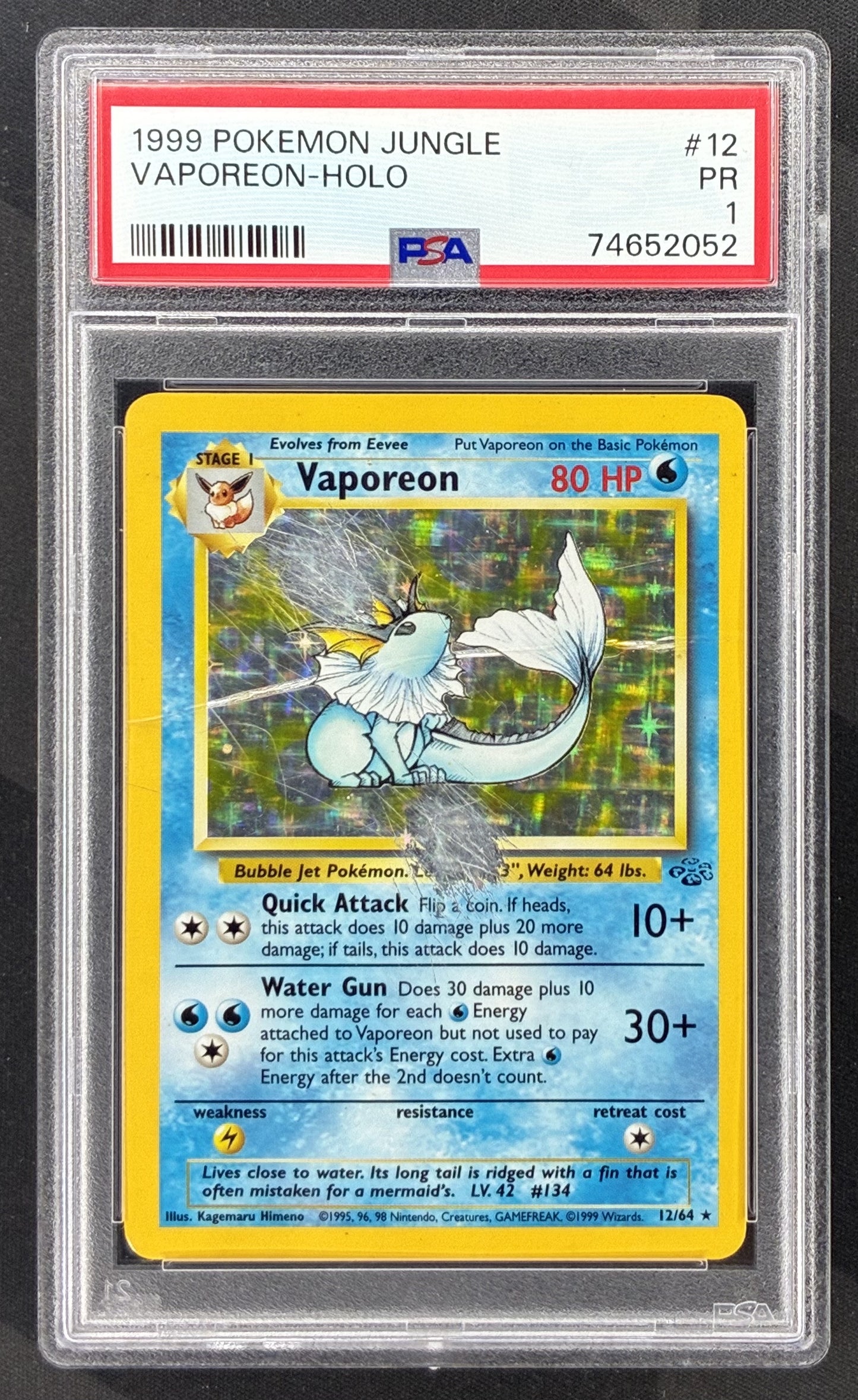 1999 Pokémon Jungle Vaporeon Holo 12/64 Unlimited card graded PSA 1 Poor.