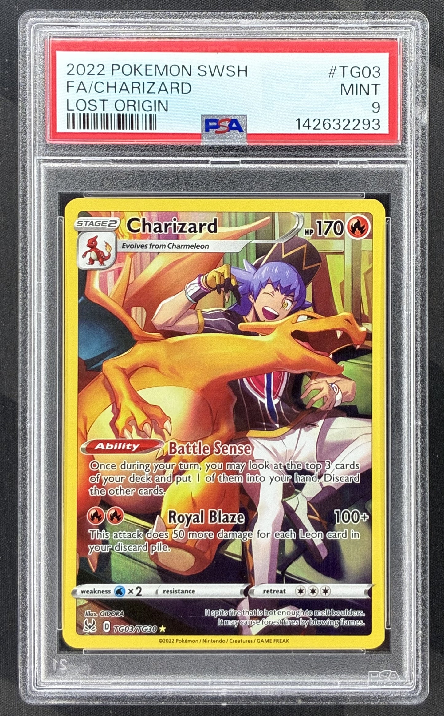2022 Pokémon Lost Origin Charizard TG03/TG30 Trainer Gallery card featuring Leon graded PSA 9 Mint.