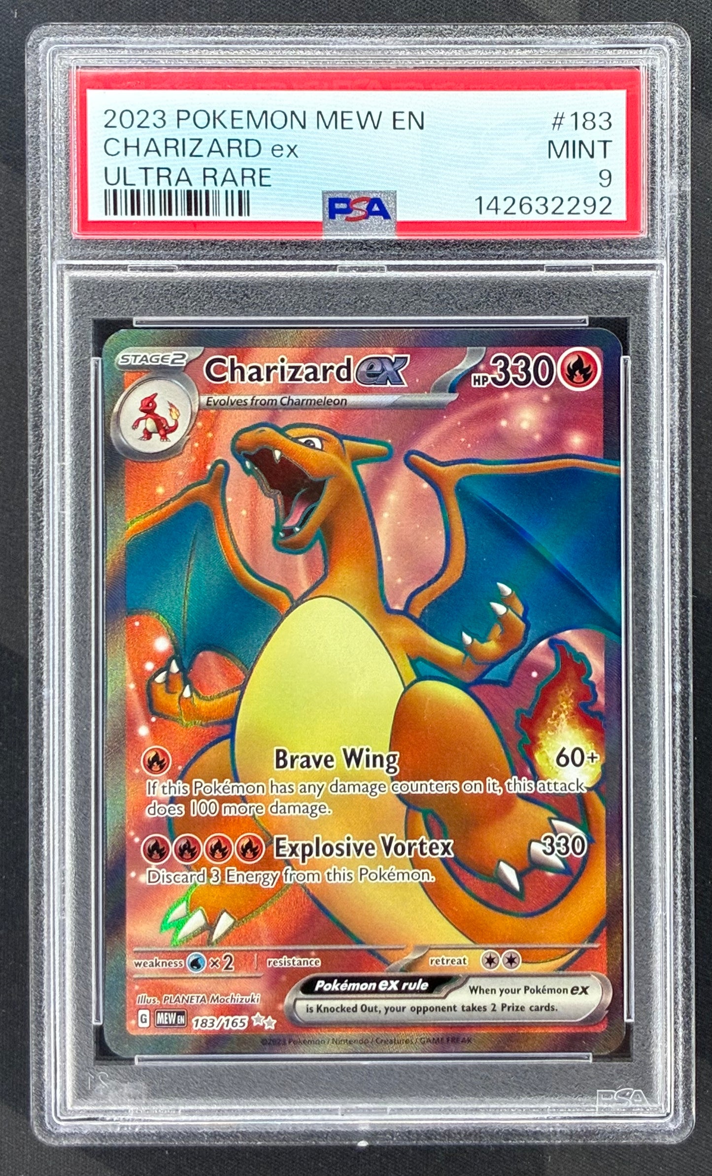 2023 Pokémon Scarlet & Violet 151 Charizard ex 183/165 Ultra Rare card graded PSA 9 Mint.
