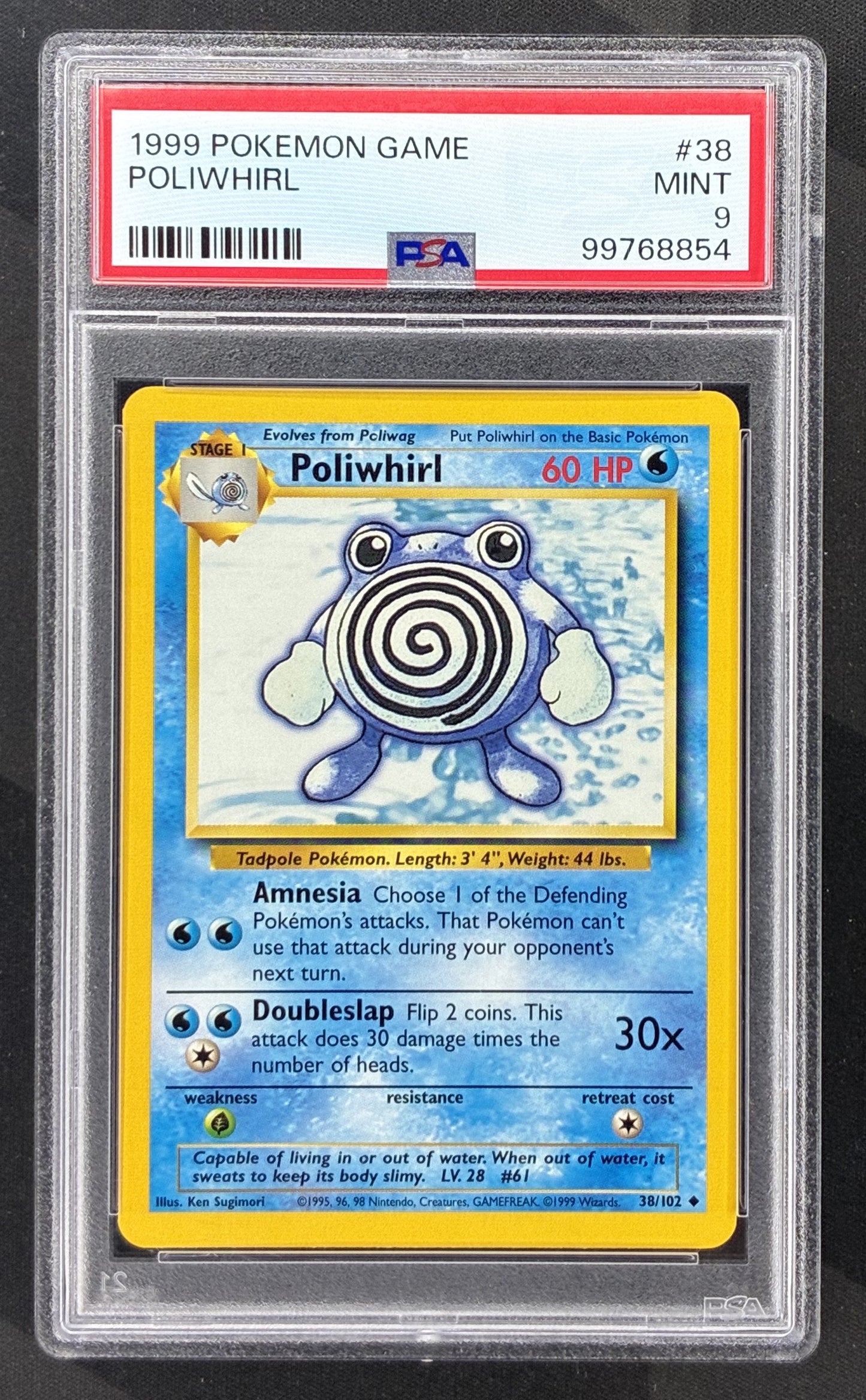 1999 Pokémon Base Set Poliwhirl 38/102 Unlimited Non-Holo card graded PSA 9 Mint.