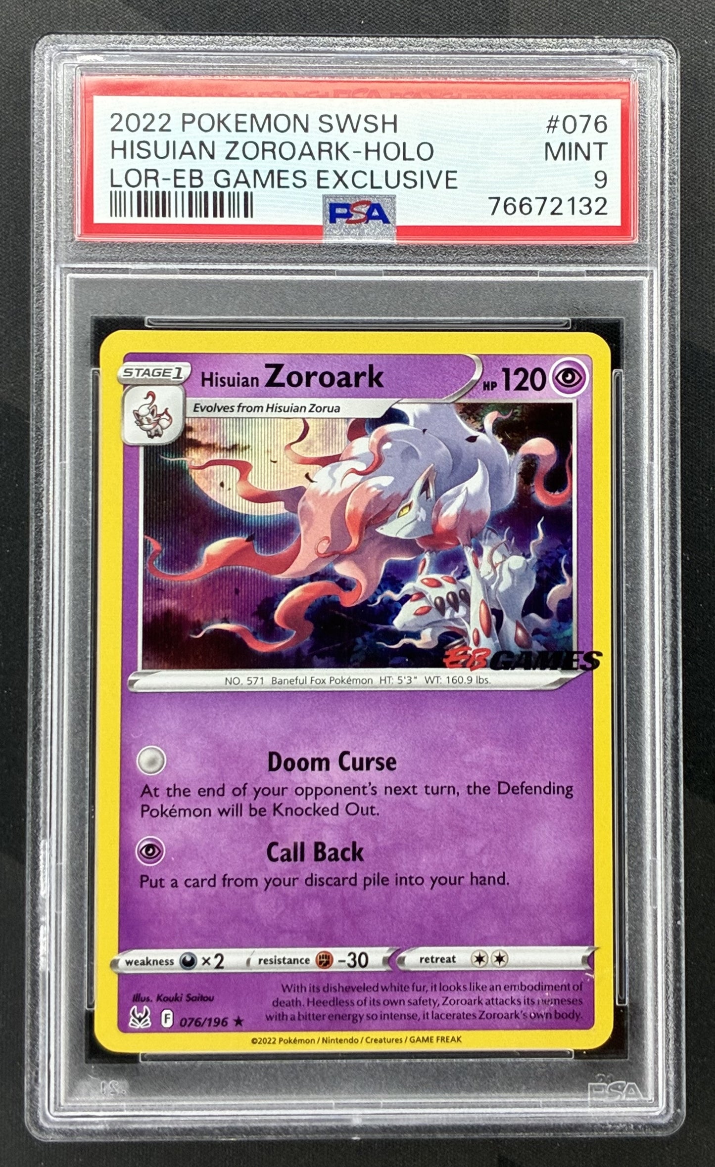 2022 Pokémon Lost Origin Hisuian Zoroark 076/196 EB Games Exclusive stamped promo card graded PSA 9 Mint.