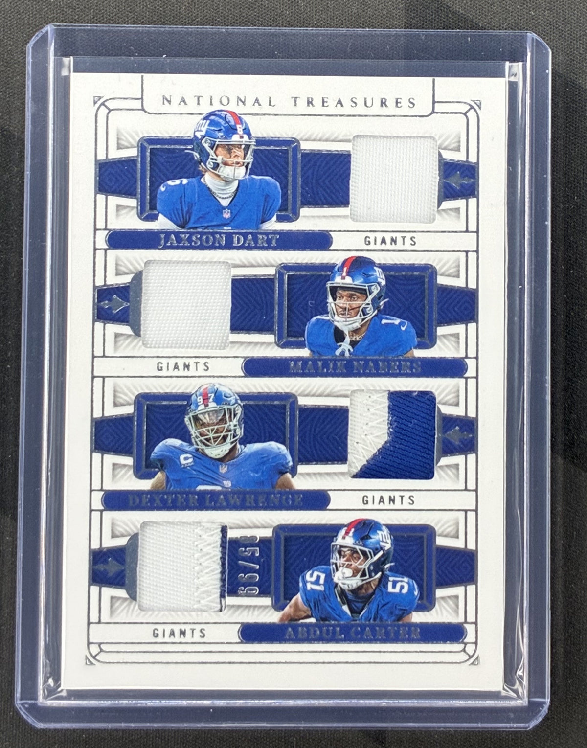 2025 Panini National Treasures NFL Gear Quad Materials Jaxson Dart Abdul Carter Dexter Lawrence Malik Nabers card numbered /99.