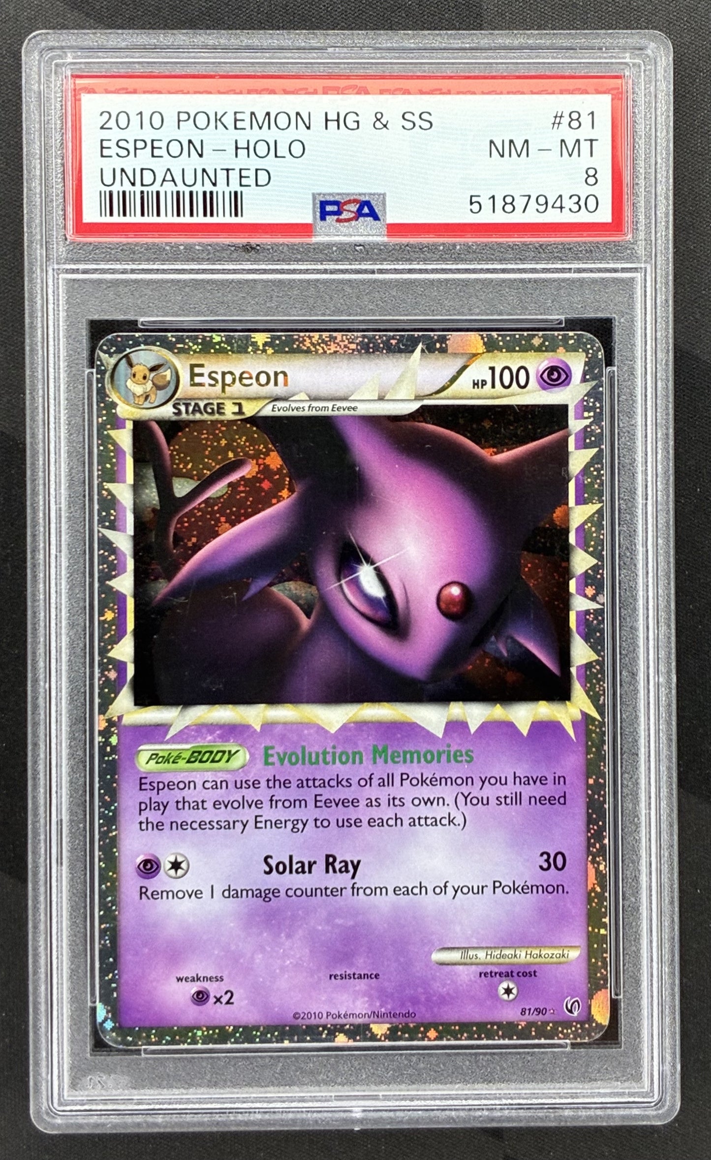 2010 Pokémon HeartGold & SoulSilver Undaunted Espeon Prime Holo 81/90 card graded PSA 8 NM-MT.