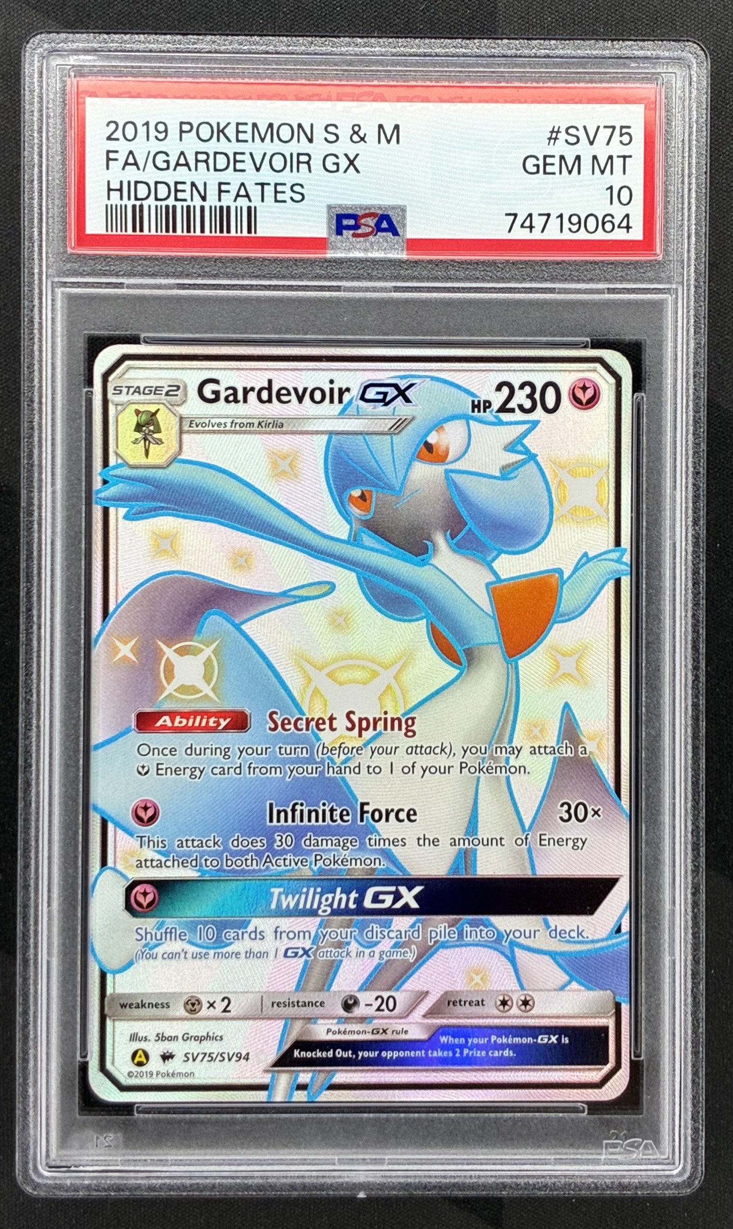 2019 Pokémon Hidden Fates Shiny Vault Gardevoir GX Full Art SV75/SV94 English card graded PSA 10 Gem Mint.