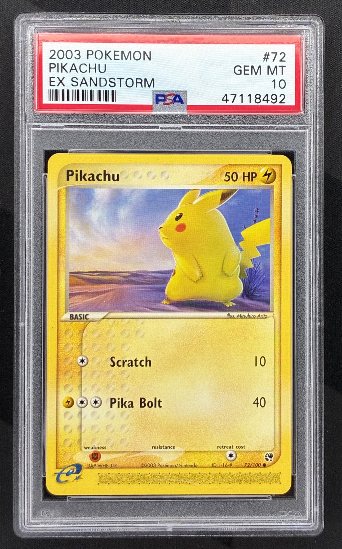 2003 Pokémon EX Sandstorm Pikachu 72/100 English card featuring Mitsuhiro Arita artwork graded PSA 10 Gem Mint.