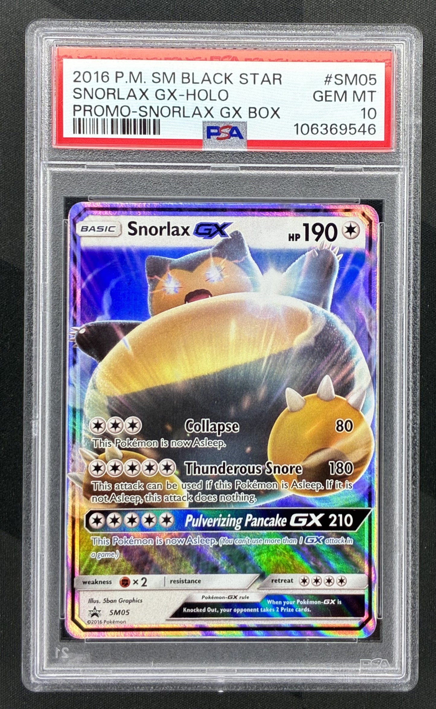 2016 Pokémon Snorlax GX SM05 Holo Sun & Moon Black Star Promo card graded PSA 10 Gem Mint.