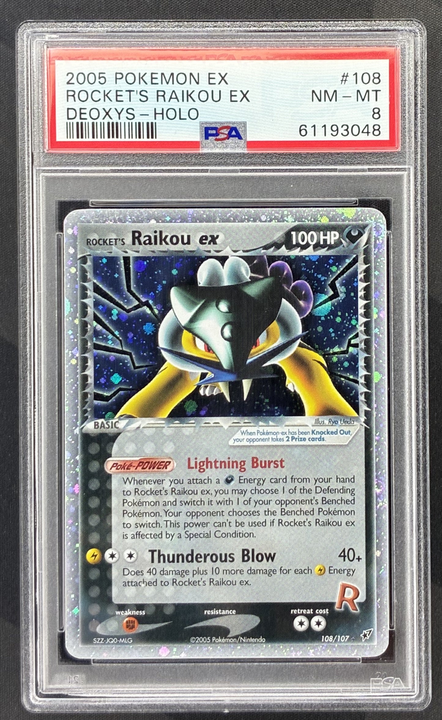 2005 Pokémon EX Deoxys Rocket's Raikou ex Holo Secret Rare 108/107 English card graded PSA 8 NM-MT.