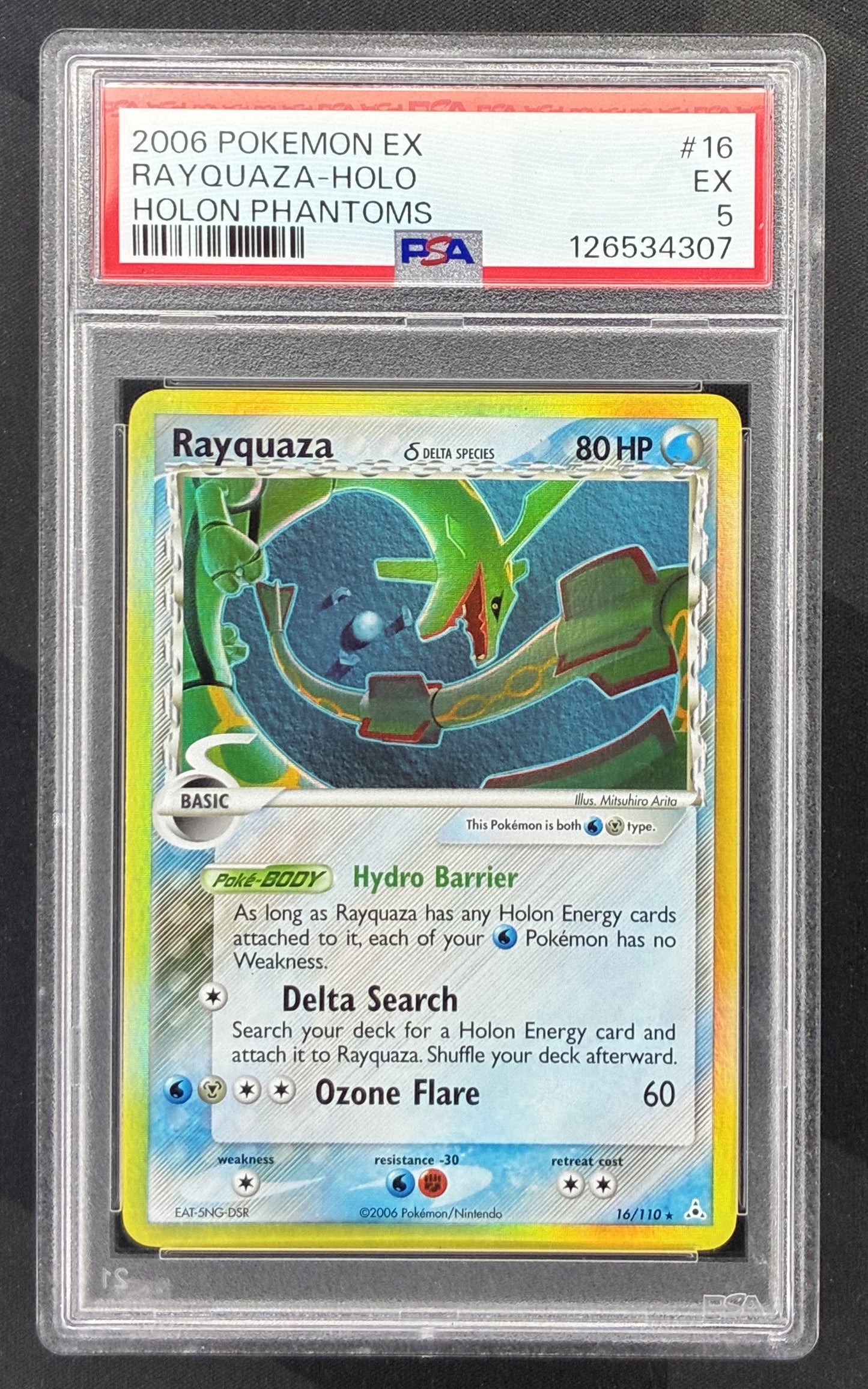 2006 Pokémon EX Holon Phantoms Rayquaza Delta Species Holo 16/110 English card graded PSA 5 EX.