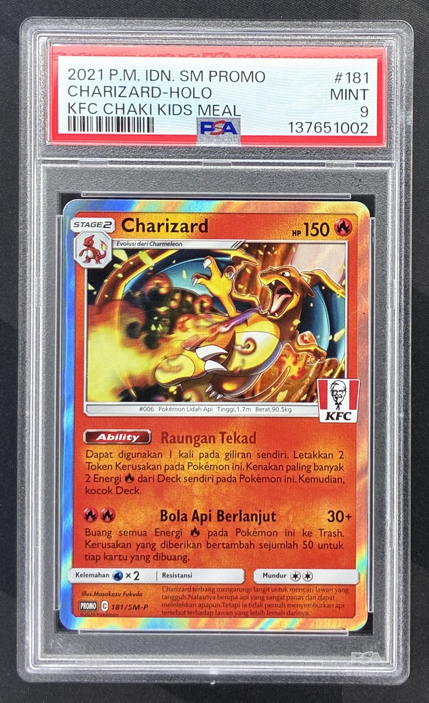 2019 Pokémon Charizard 181/SM-P KFC Chaki Indonesian promotional card graded PSA 9 Mint.