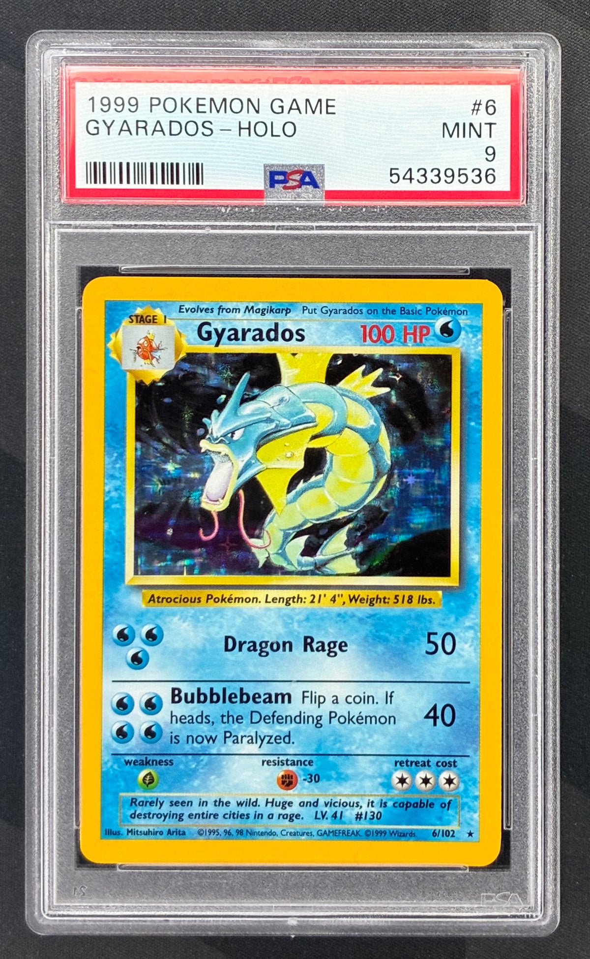 1999 Pokémon Base Set Gyarados Holo 6/102 Unlimited PSA 9 Mint