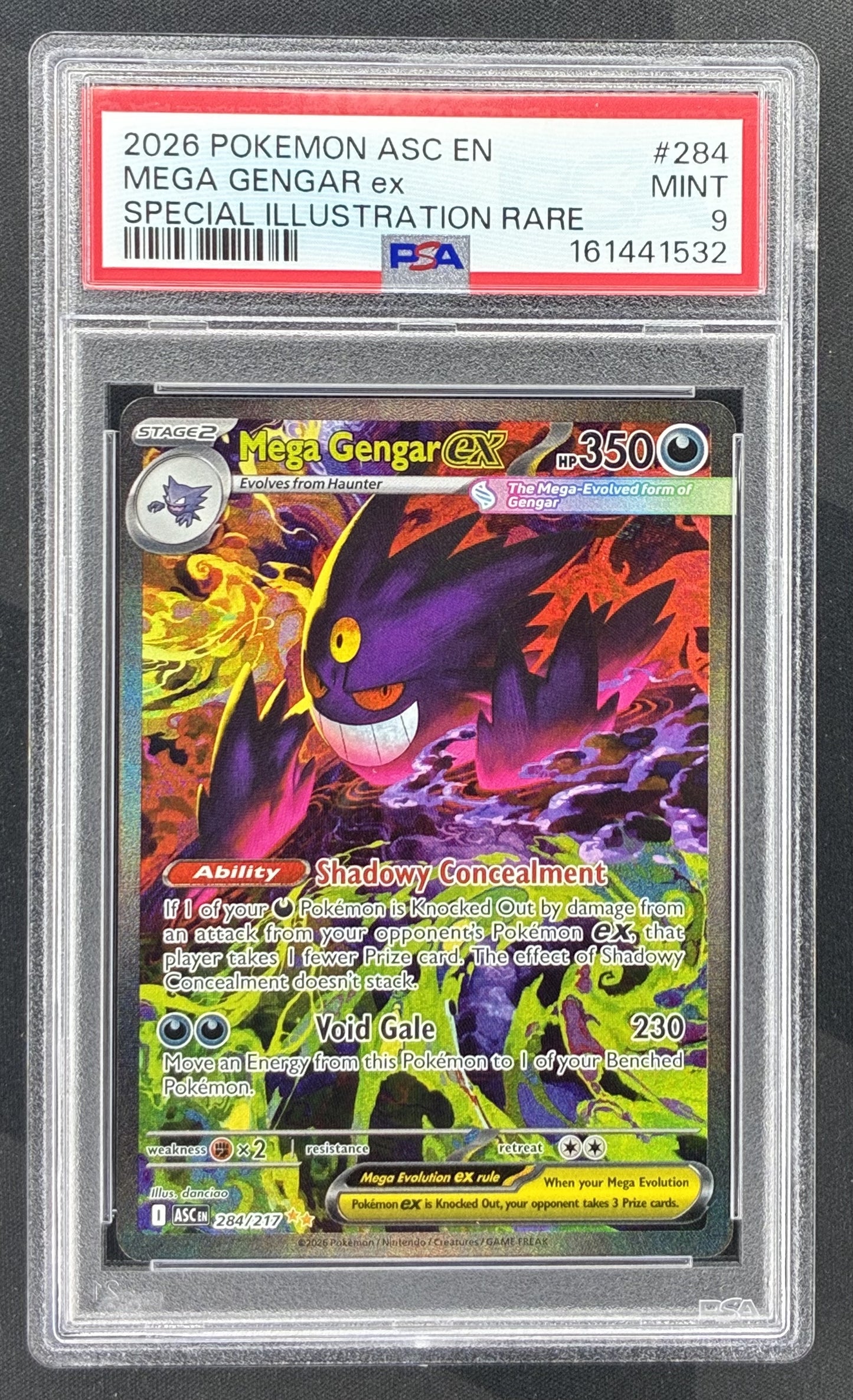 2026 Pokémon Ascended Heroes Mega Gengar ex Special Illustration Rare SIR 284/217 English card graded PSA 9 Mint.