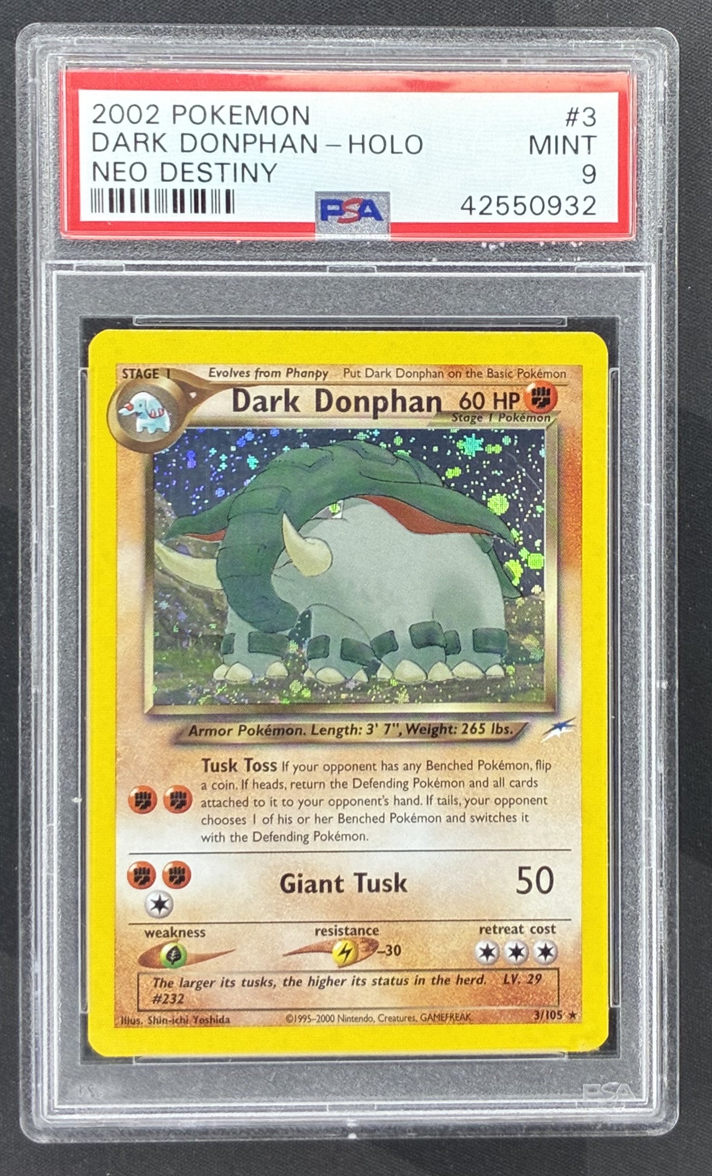 2002 Pokémon Neo Destiny Dark Donphan Holo 3/105 Unlimited Wizards of the Coast card graded PSA 9 Mint.