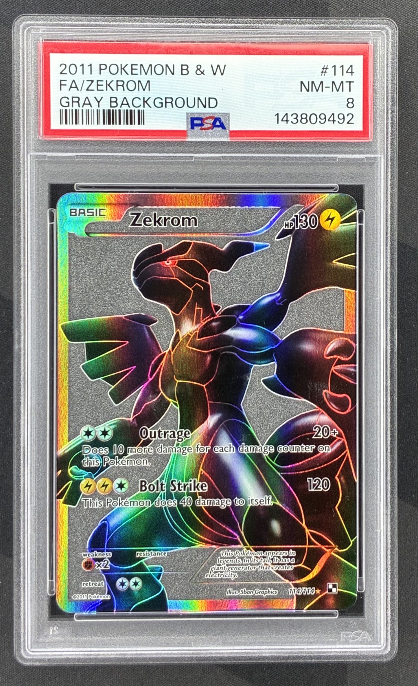 2011 Pokémon Black & White Zekrom Full Art Ultra Rare 114/114 Gray Background English card graded PSA 8 NM-MT.
