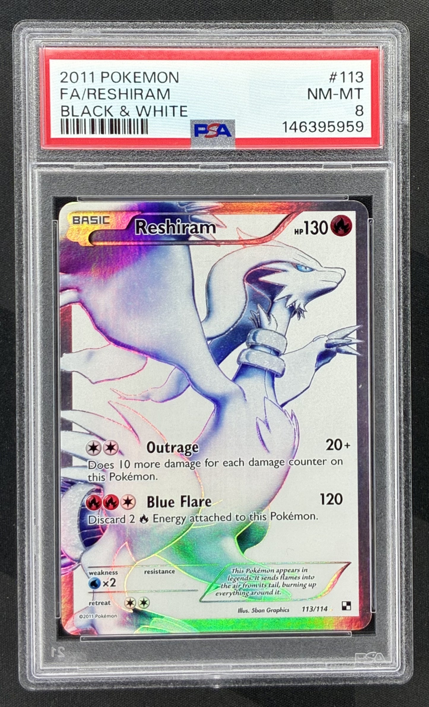 2011 Pokémon Black & White Reshiram Full Art Holo 113/114 English Ultra Rare card graded PSA 8 NM-MT.