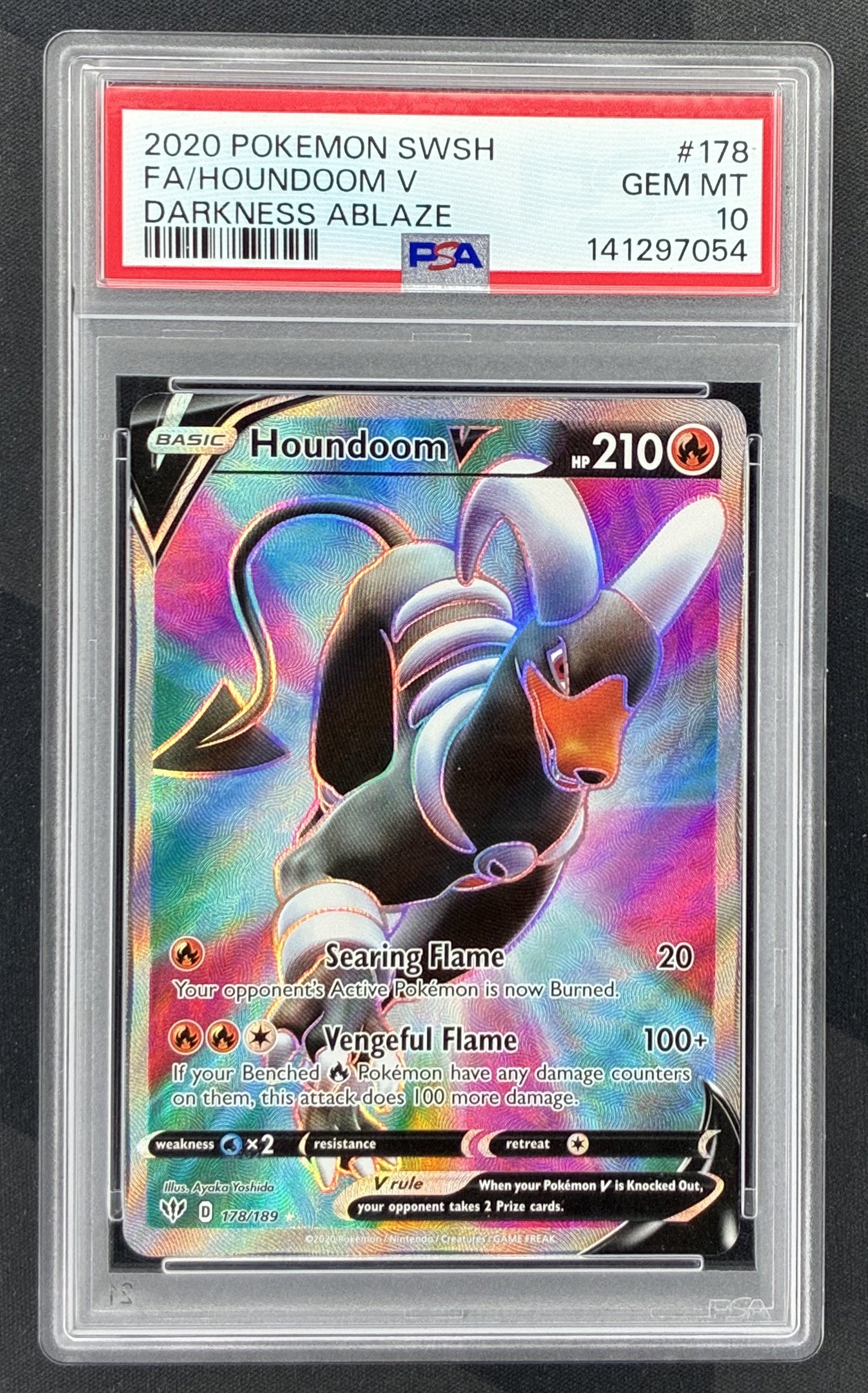 2020 Pokémon Sword & Shield Darkness Ablaze Houndoom V Full Art 178/189 English card graded PSA 10 Gem Mint.