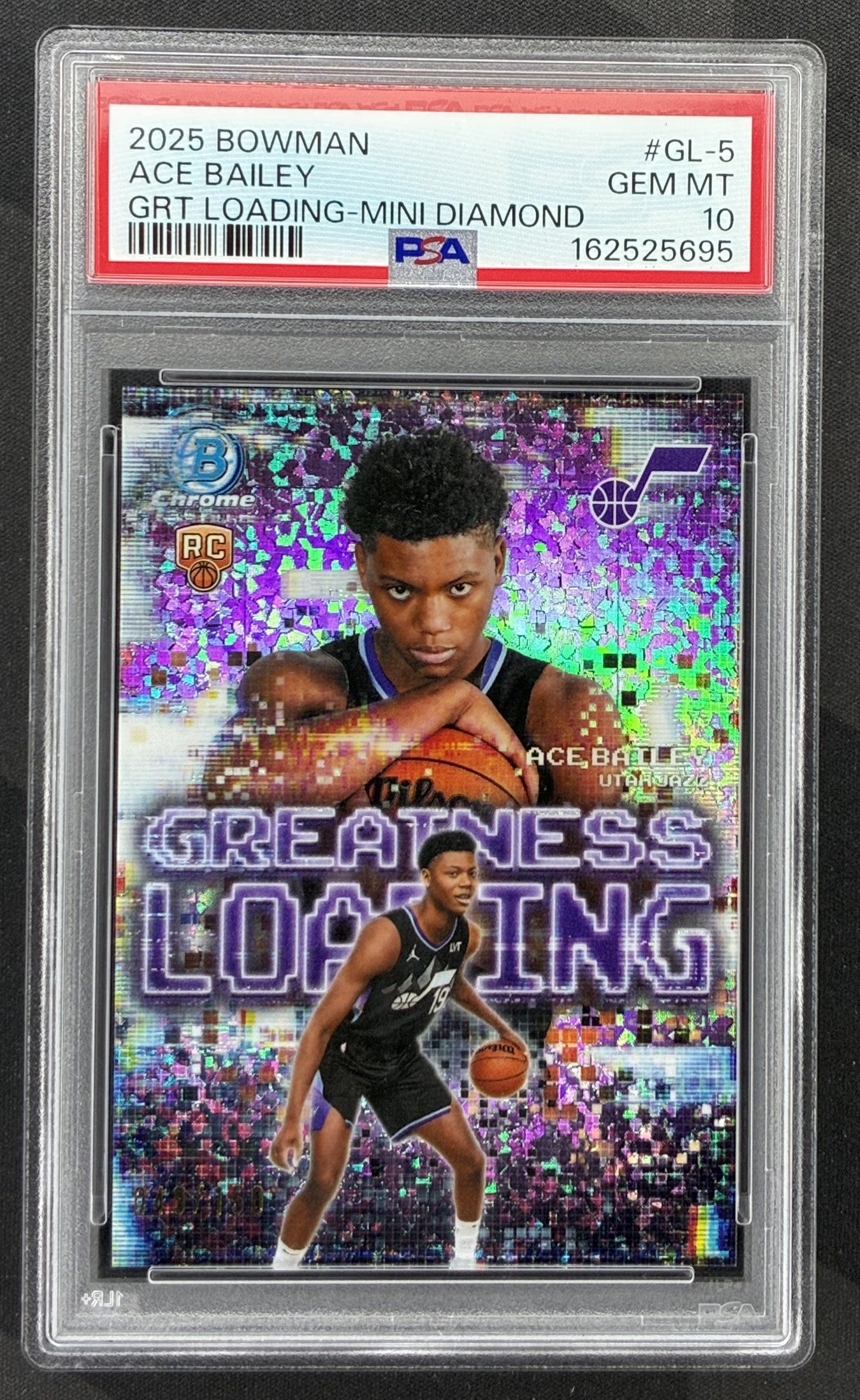 2025-26 Bowman Chrome Ace Bailey Greatness Loading #GL-5 Mini-Diamond Refractor rookie card numbered /150 and graded PSA 10 Gem Mint.