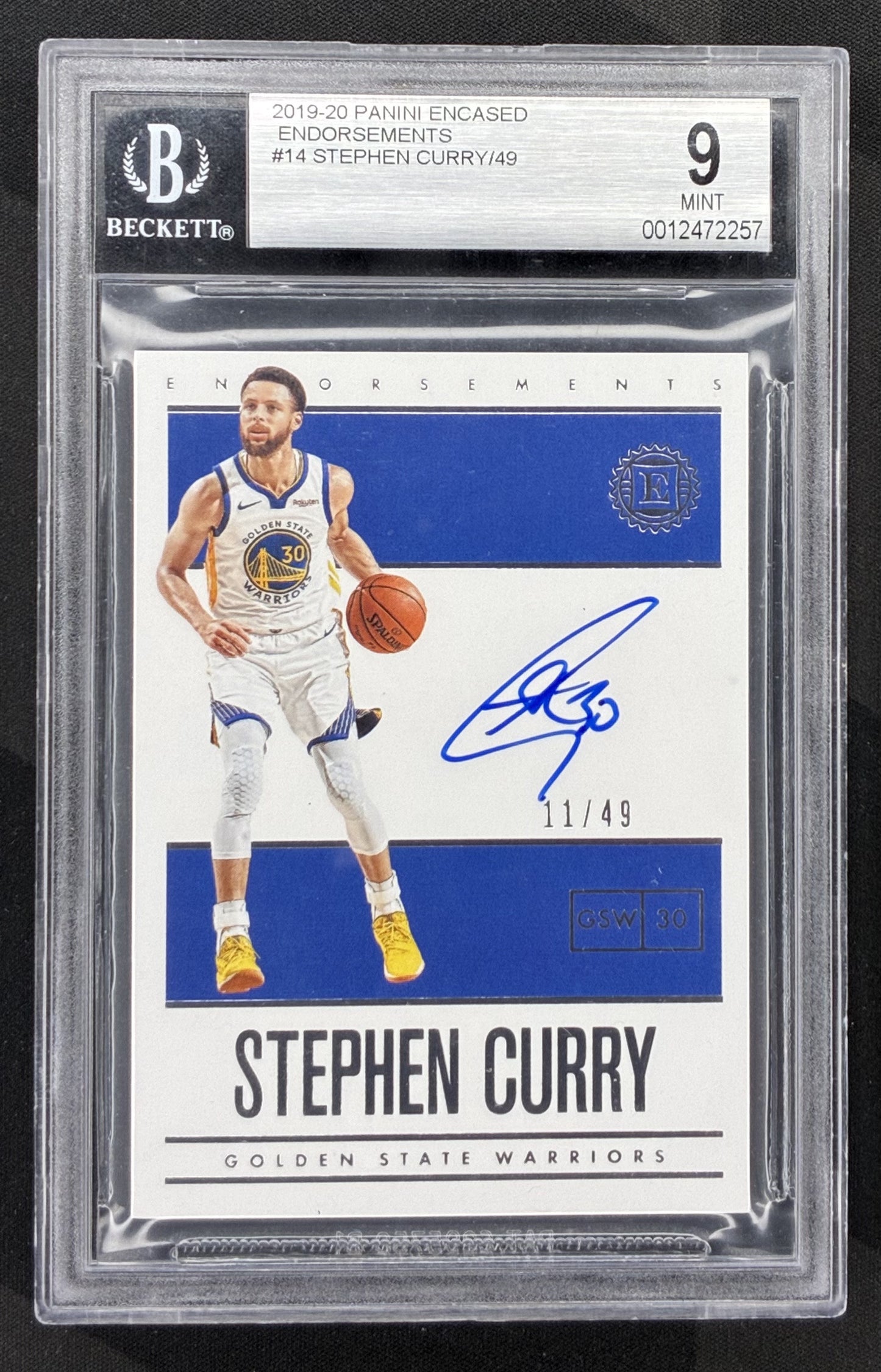 2019-20 Panini Encased Stephen Curry Endorsements hard-signed autograph card numbered /49 graded BGS 9 Mint Auto 10.