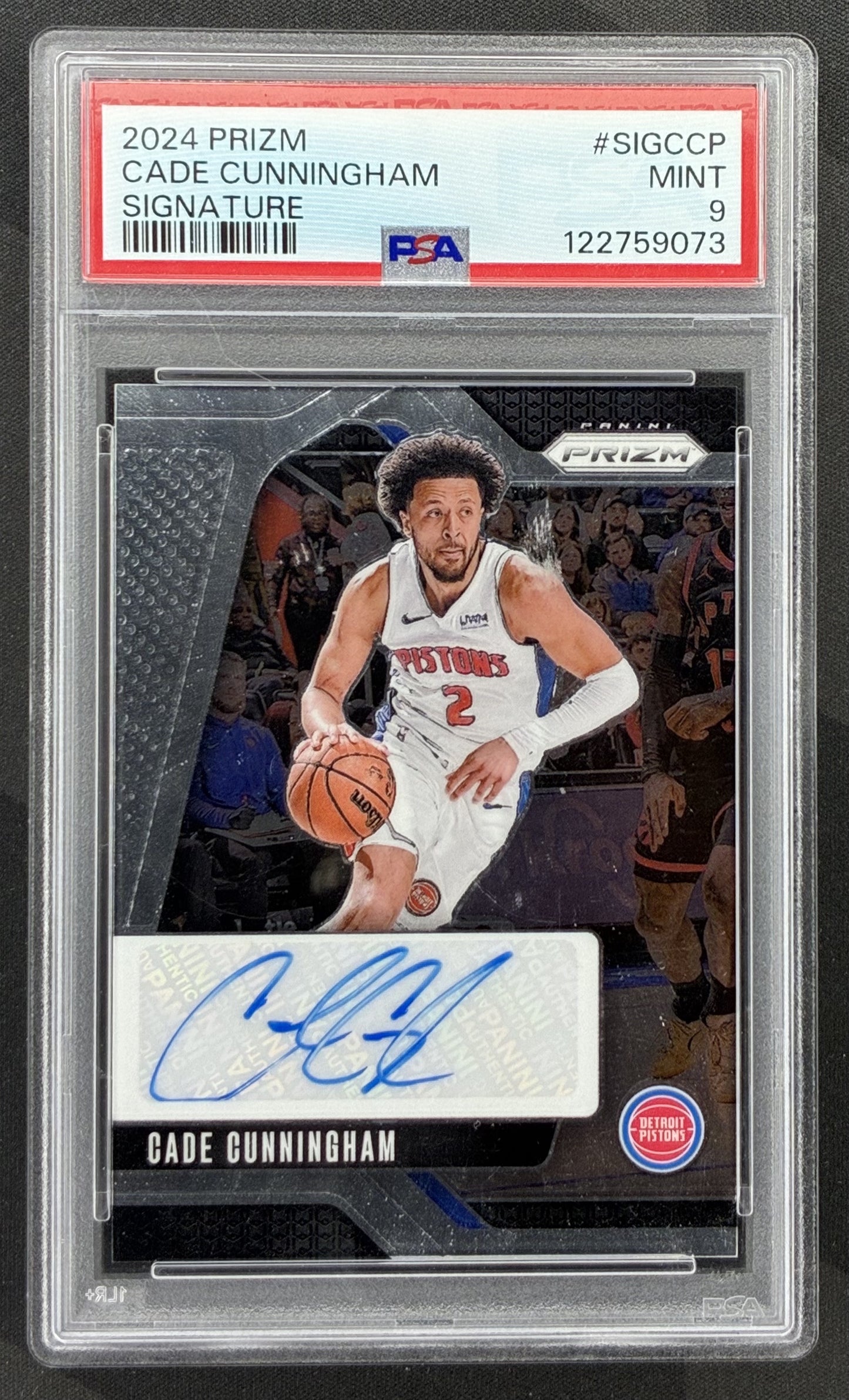 2024-25 Panini Prizm Cade Cunningham Signatures #SIG-CCP Detroit Pistons autograph basketball card graded PSA 9 Mint.