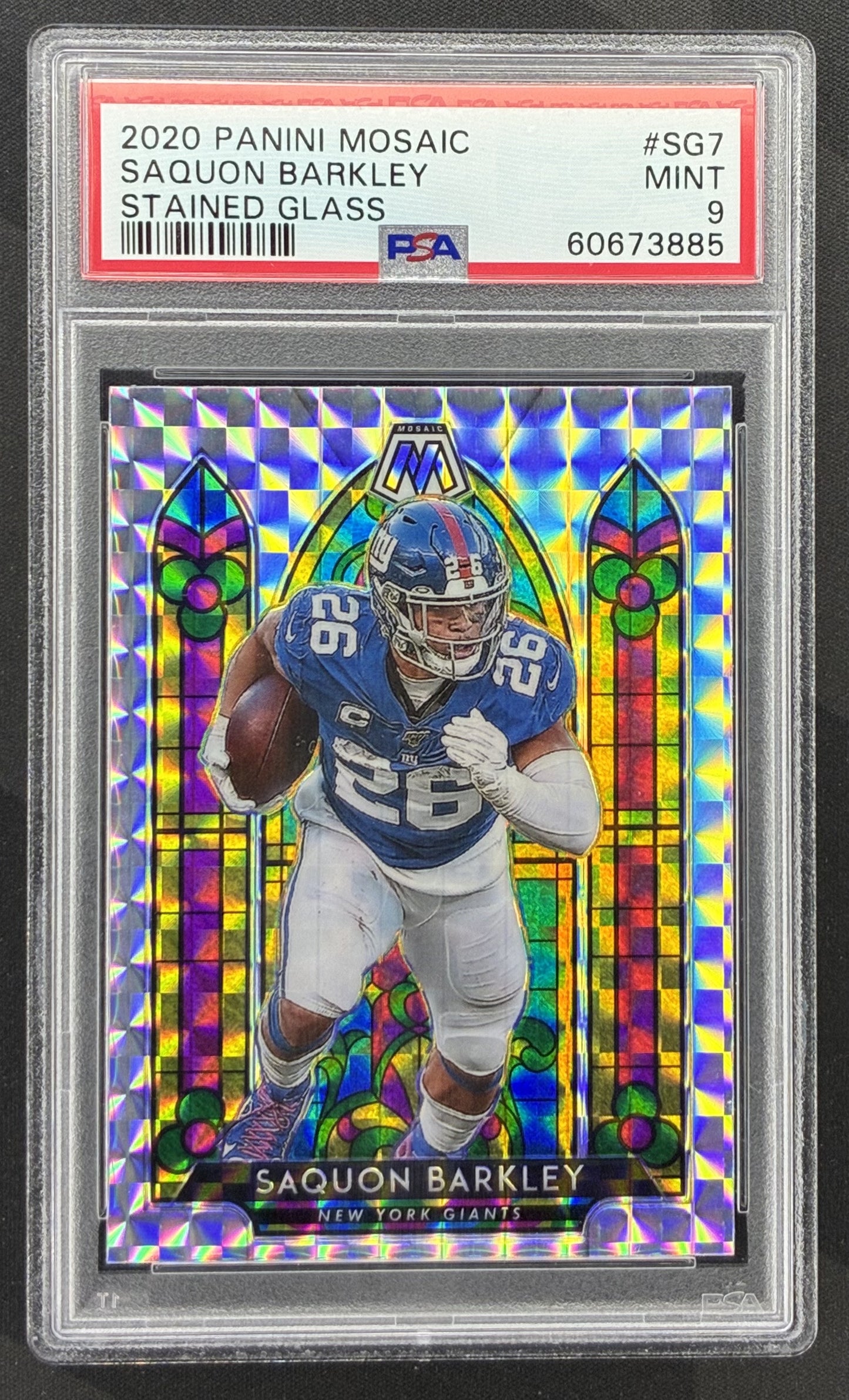 2020 Panini Mosaic Saquon Barkley Stained Glass SSP #SG7 New York Giants football card graded PSA 9 Mint.