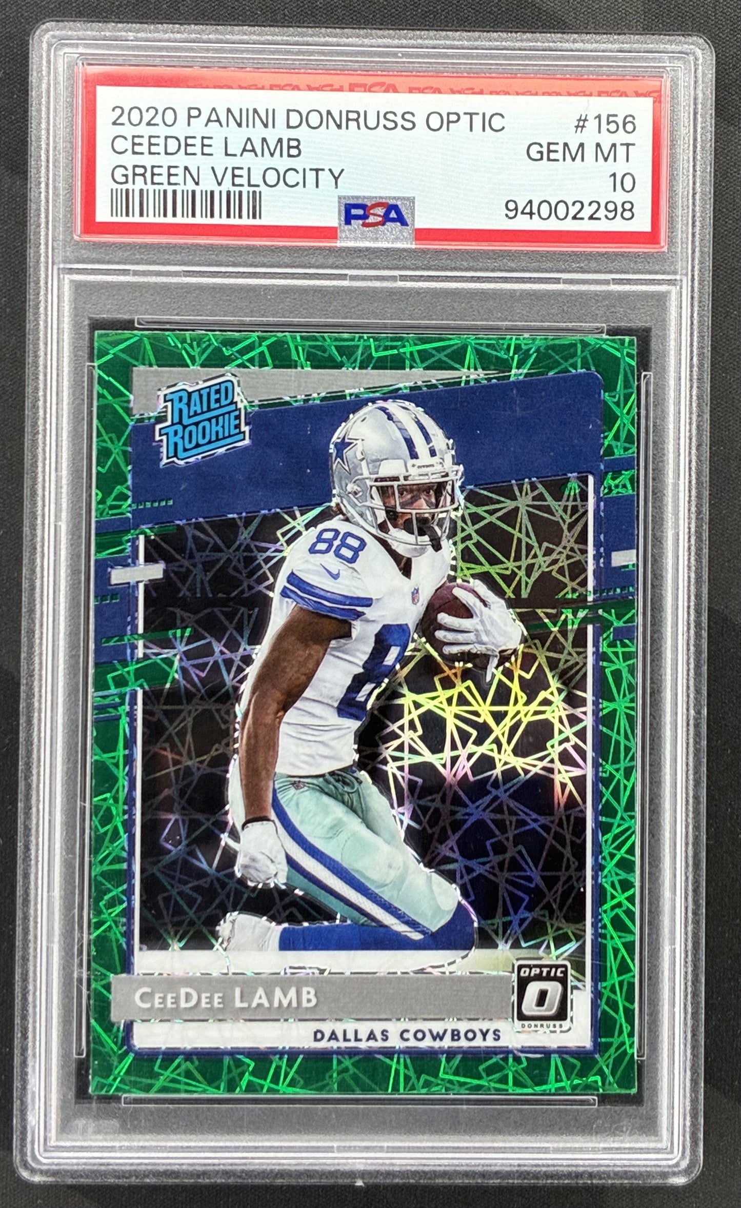 2020 Panini Donruss Optic CeeDee Lamb Rated Rookie Green Velocity #156 Dallas Cowboys football card graded PSA 10 Gem Mint.