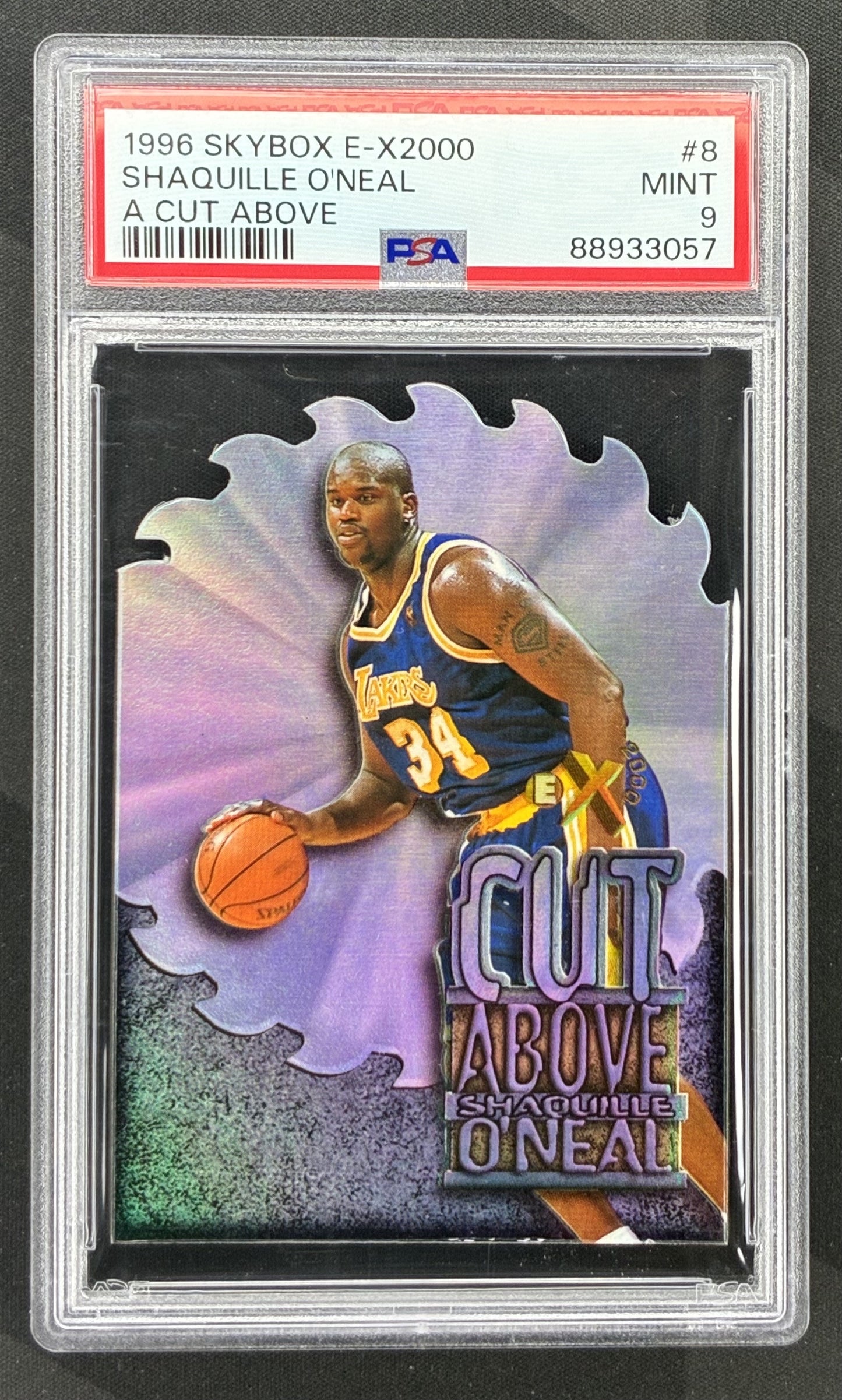 1996-97 SkyBox E-X2000 Shaquille O'Neal A Cut Above #8 die-cut Los Angeles Lakers basketball insert graded PSA 9 Mint.