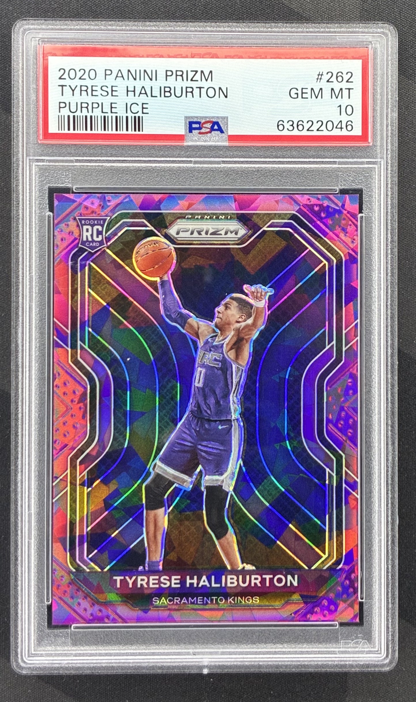 2020-21 Panini Prizm Tyrese Haliburton #262 Purple Ice Prizm Sacramento Kings rookie card numbered /175 and graded PSA 10 Gem Mint.