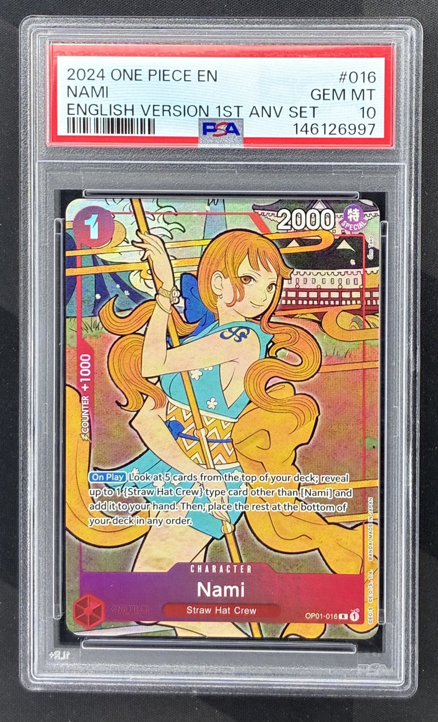 2024 One Piece Card Game Nami OP01-016 English Version 1st Anniversary Set card graded PSA 10 Gem Mint.
