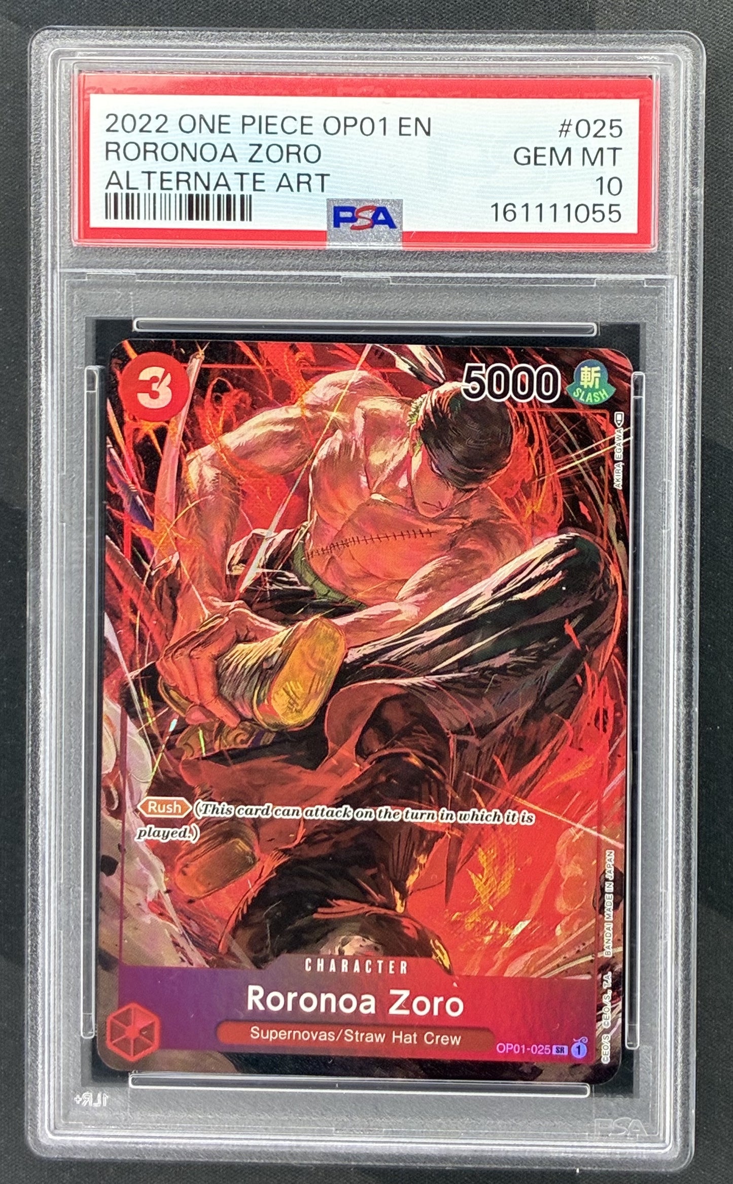 2022 One Piece Romance Dawn Roronoa Zoro OP01-025 Alternate Art English Super Rare card graded PSA 10 Gem Mint.