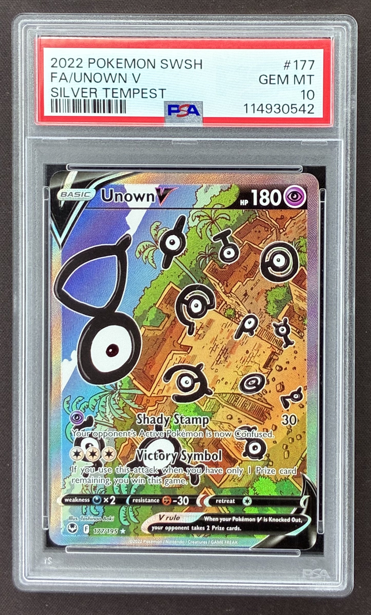2022 Pokémon Silver Tempest Unown V 177/195 Alternate Full Art PSA 10 Gem Mint graded card.