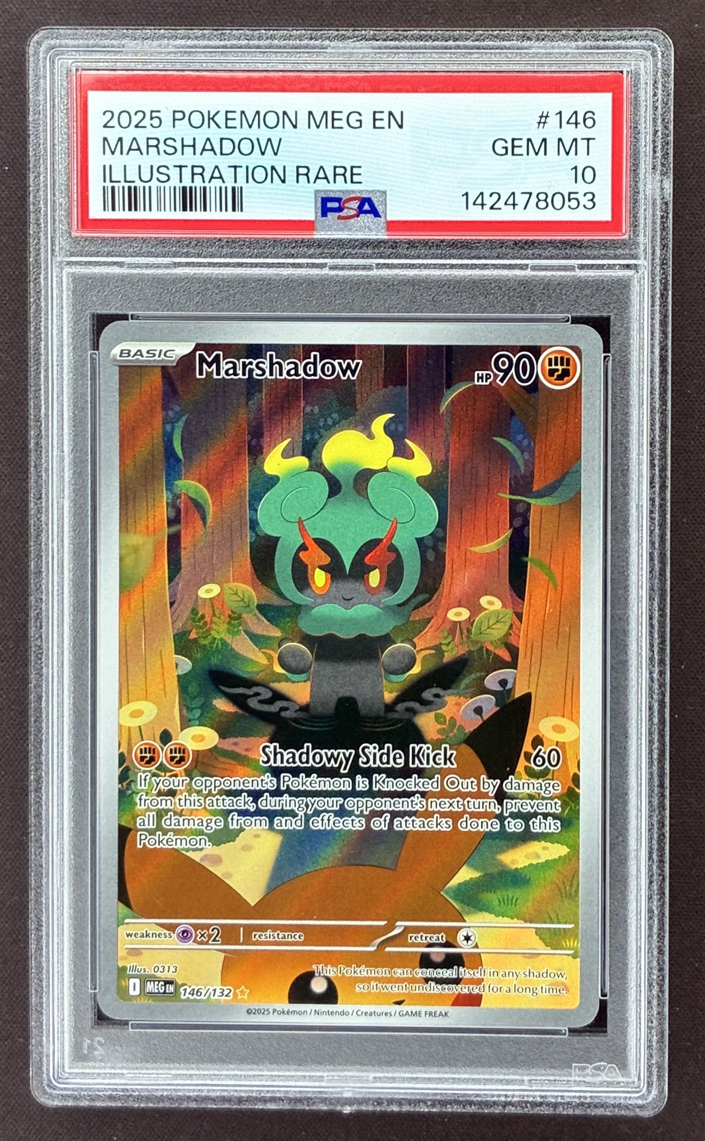 2025 Pokémon Mega Evolution Marshadow 146/132 Illustration Rare PSA 10 Gem Mint graded card.