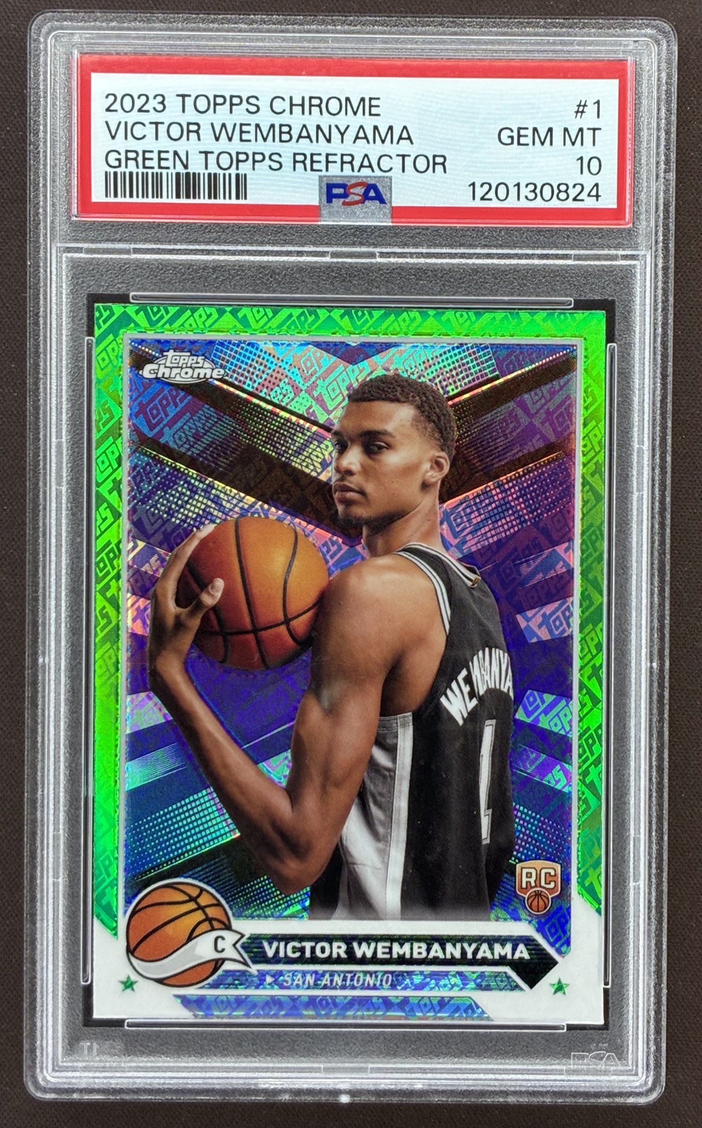 2023-24 Topps Chrome Victor Wembanyama rookie card #1 Green Topps Refractor graded PSA 10 Gem Mint.