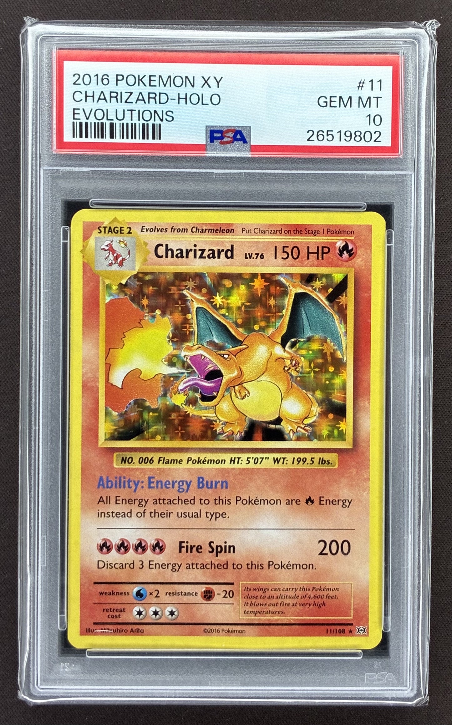 2016 Pokémon XY Evolutions Charizard 11/108 Holo Rare graded PSA 10 Gem Mint.