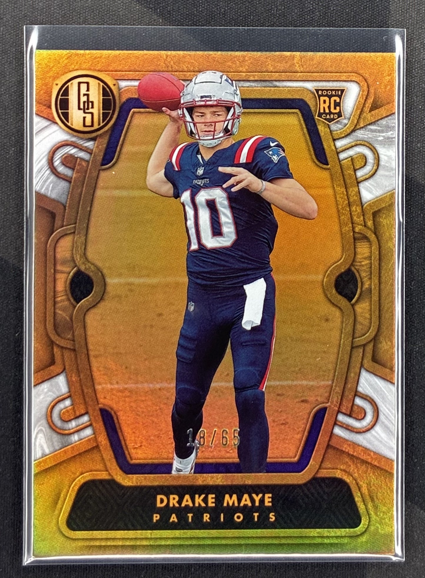 2024 Panini Gold Standard Drake Maye rookie #103 White Gold parallel serial numbered to 65.