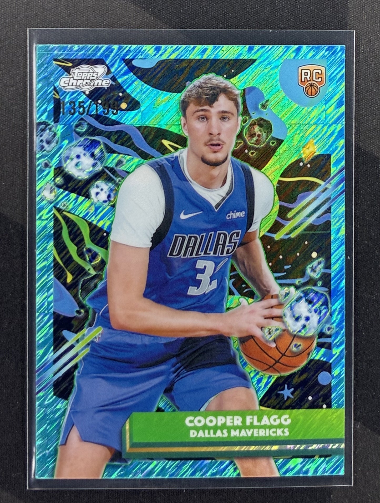 2025-26 Topps Cosmic Chrome Cooper Flagg rookie #12 Aqua Equinox Refractor serial numbered to 199.