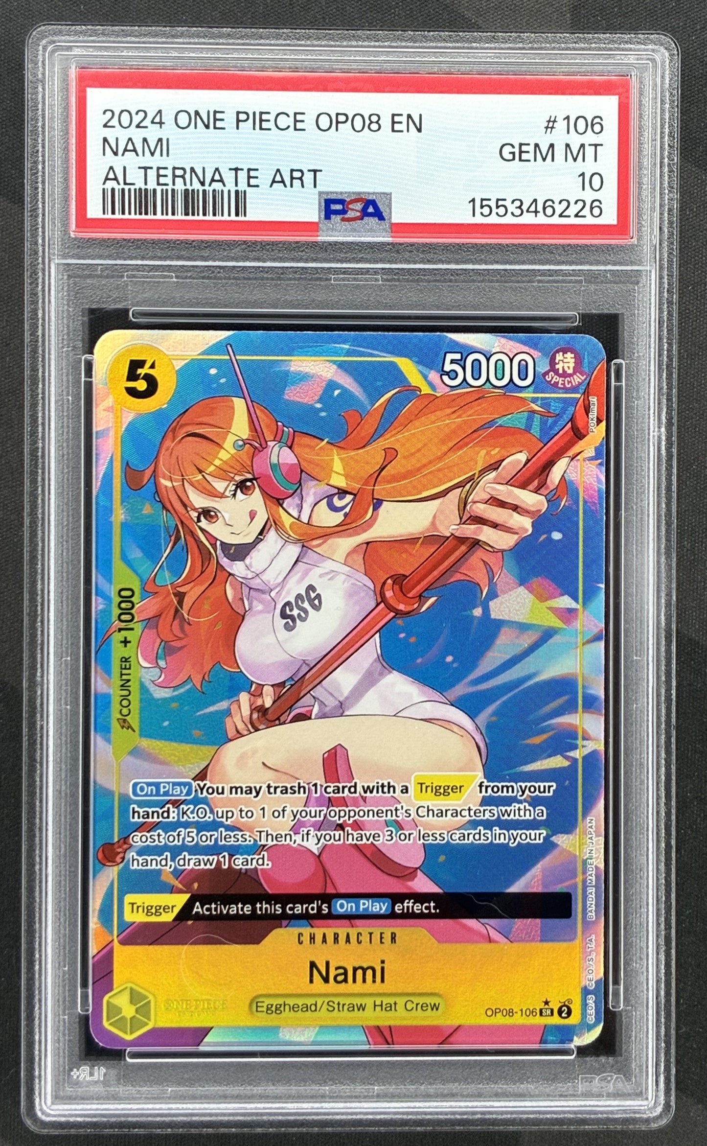2024 One Piece Japanese Two Legends Nami OP08-106 Super Rare Alternate Art card graded PSA 10 Gem Mint.