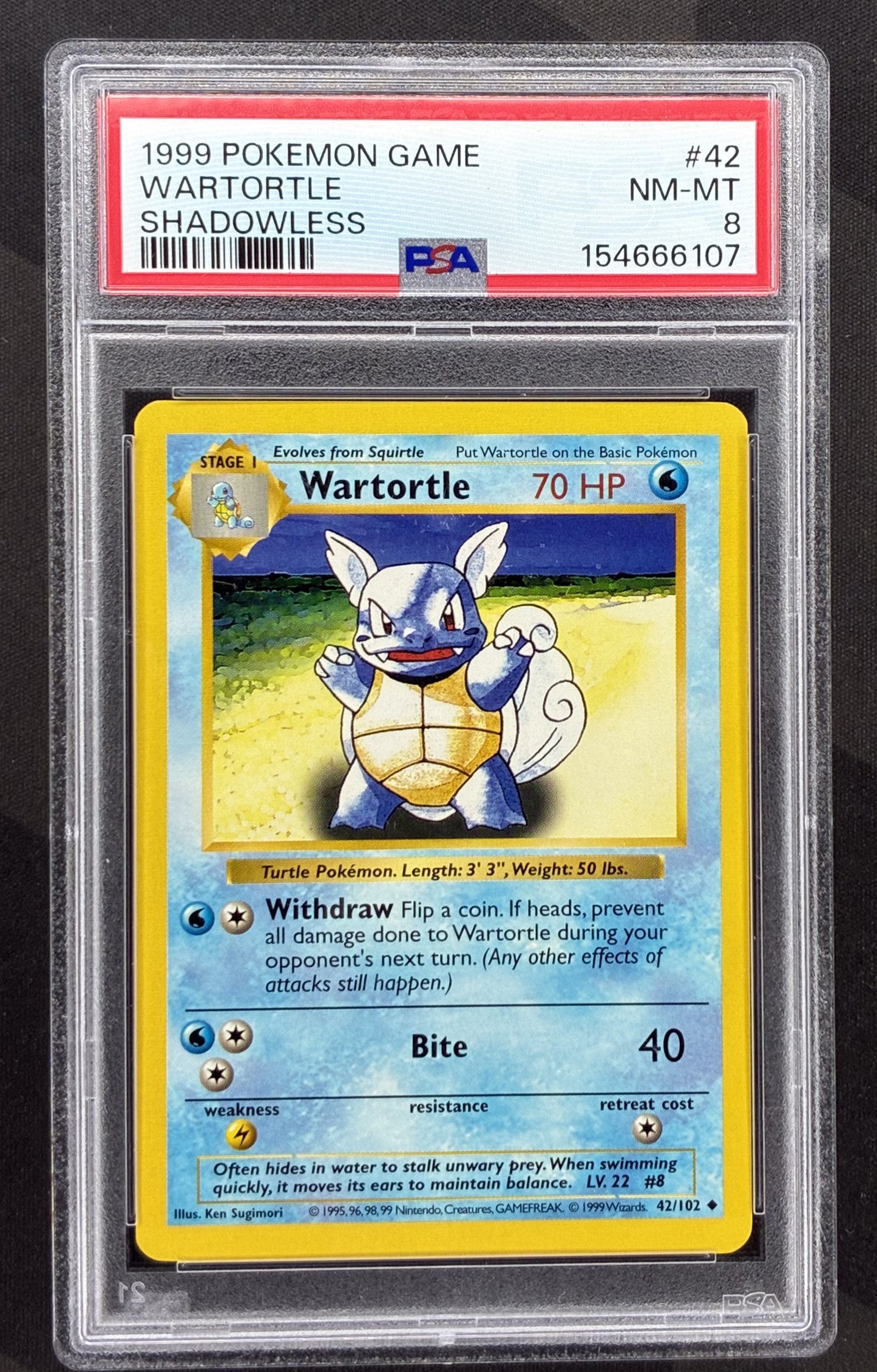 1999 Pokémon Base Set Wartortle 42/102 Shadowless English card graded PSA 8 Near Mint-Mint.