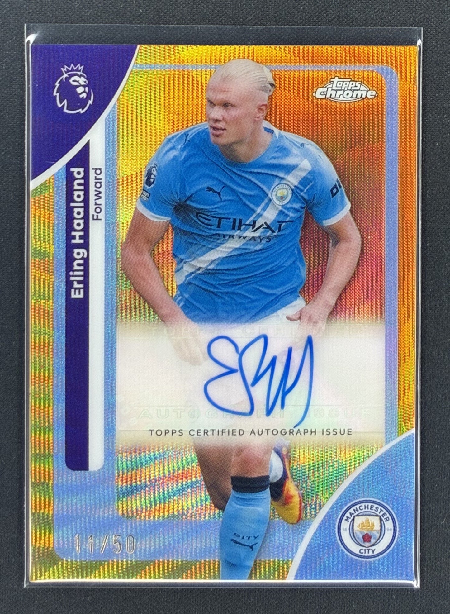 2026 Topps Chrome Premier League Erling Haaland Manchester City Gold Wave Refractor autograph numbered to 50.