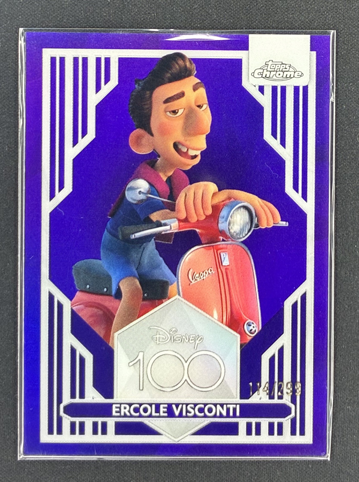 2023 Topps Chrome Disney 100 Ercole Visconti number 95 Purple Refractor serial numbered to 299.