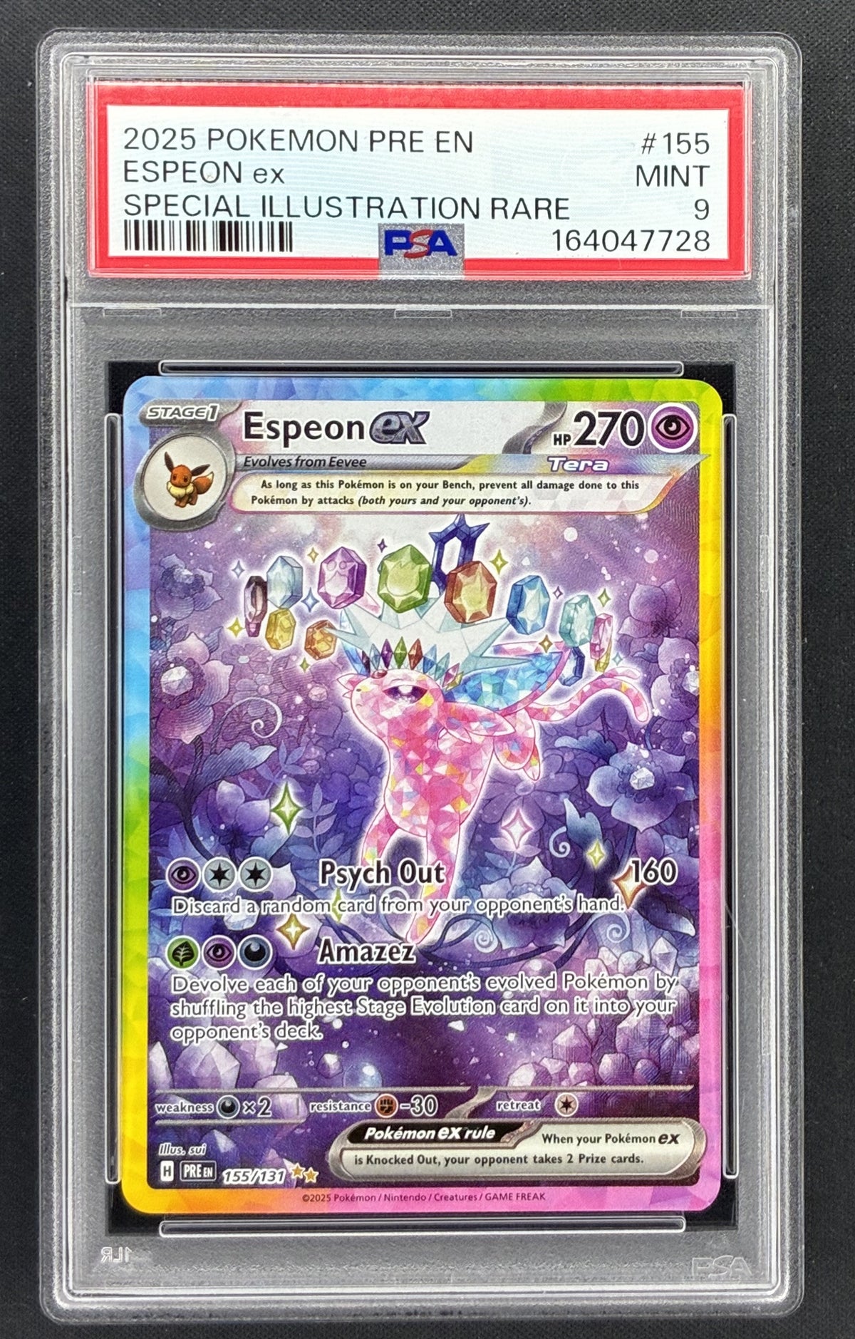 2025 Pokémon Prismatic Evolutions Espeon ex 155/131 Special Illustration Rare PSA 9 graded card.