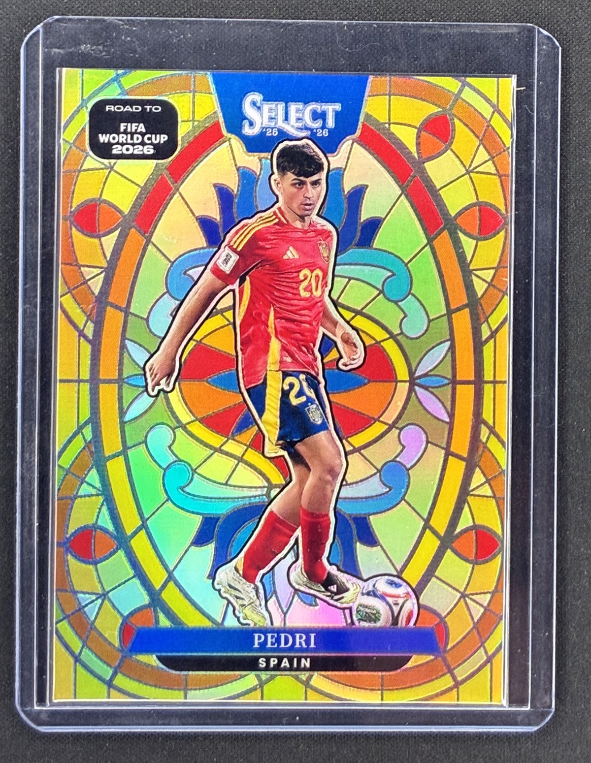 2025-26 Panini Select Road to FIFA World Cup Pedri Stained Glass #16 SSP case-hit soccer card for Spain.