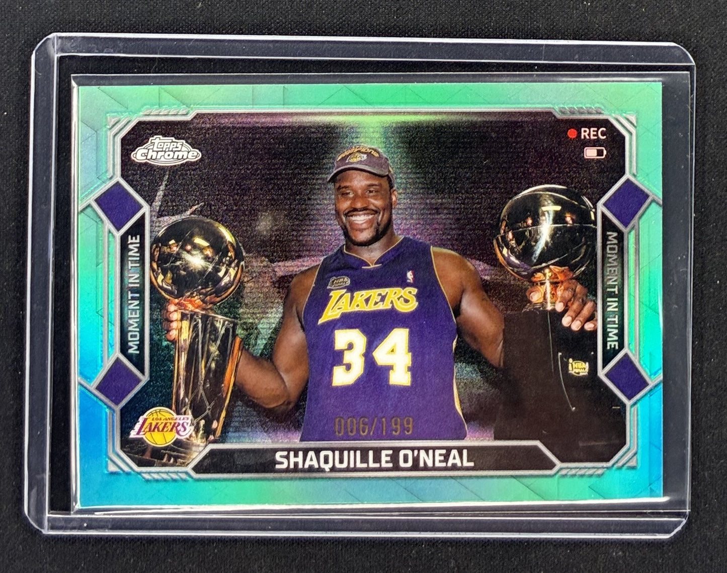 2025-26 Topps Chrome Update Shaquille O'Neal Moments in Time MT-22 Los Angeles Lakers basketball card numbered to 199.