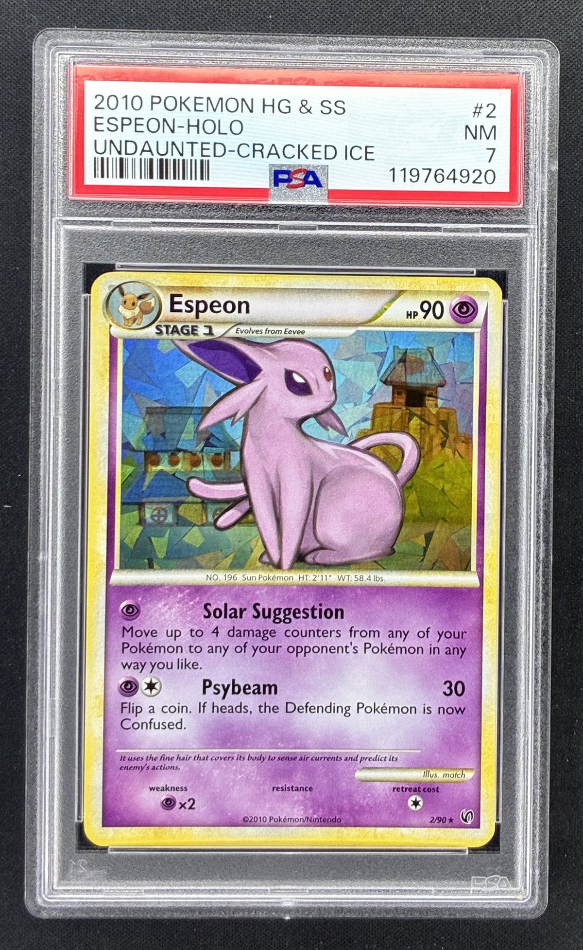 2010 Pokémon HGSS Undaunted Espeon 2/90 Cracked Ice Holo English card graded PSA 7 NM.