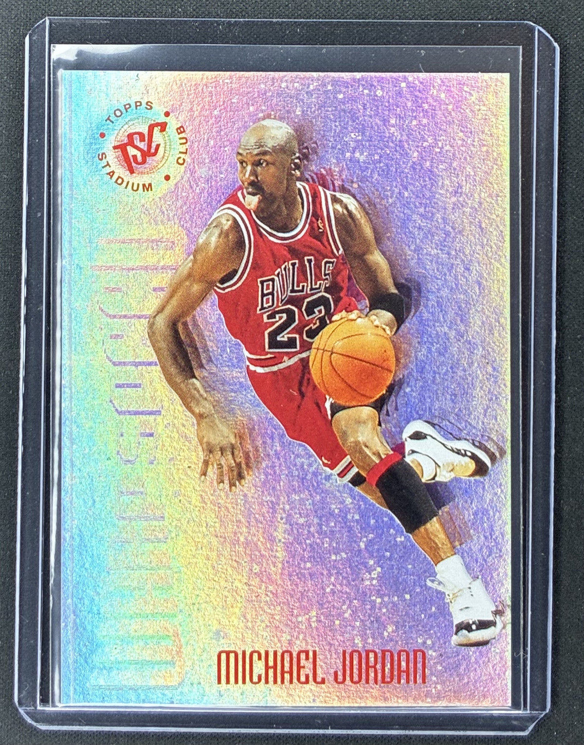 1995-96 Topps Stadium Club Michael Jordan Warp Speed #WS1 silver foil Chicago Bulls basketball insert card.