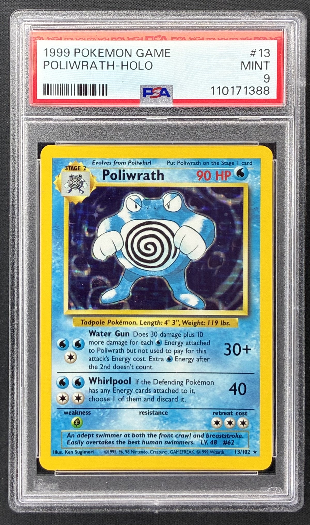 1999 Pokémon Base Set Poliwrath 13/102 Unlimited Holo Rare PSA 9 MINT vintage WOTC graded card.