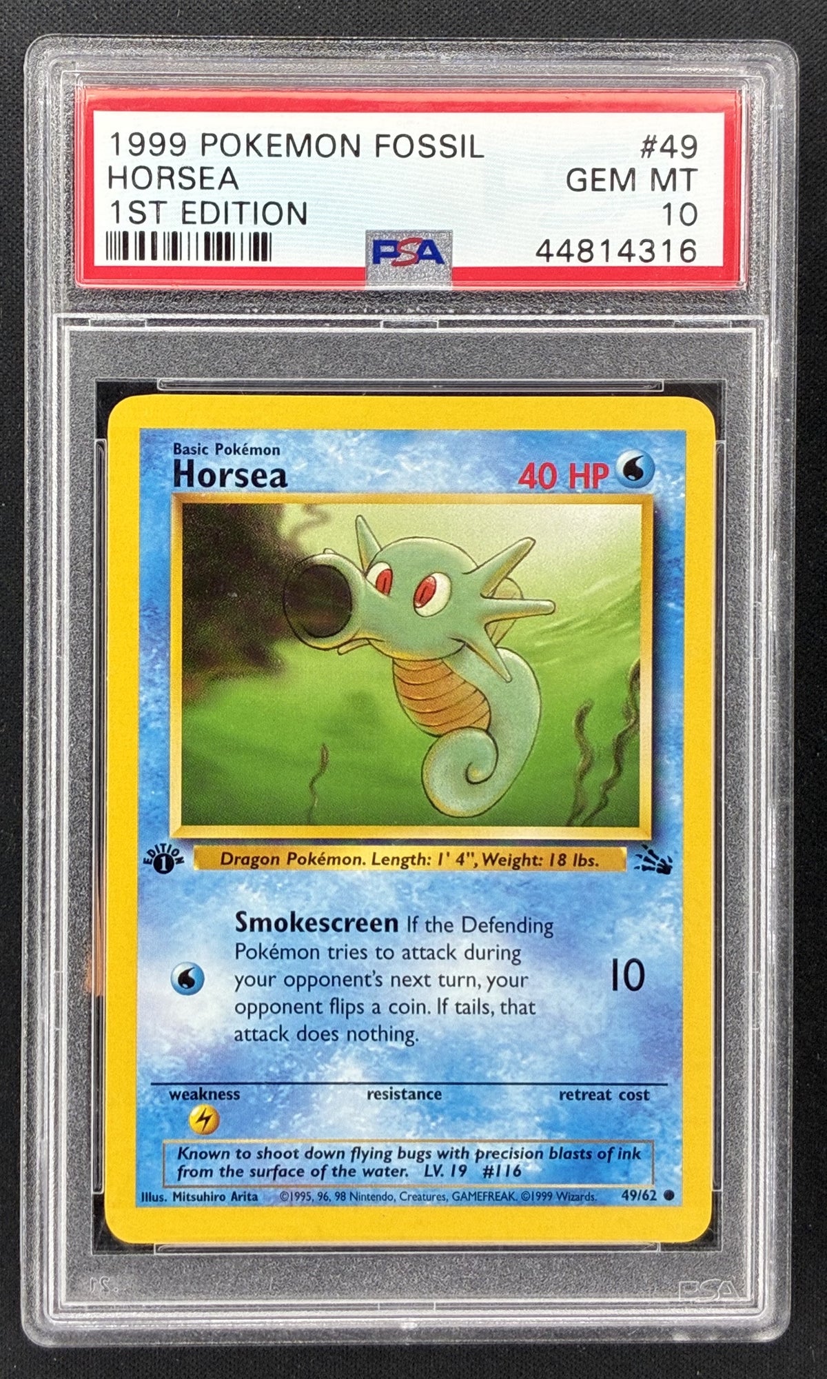 1999 Pokémon Fossil Horsea #49/62 1st Edition PSA 10 Gem Mint English trading card.