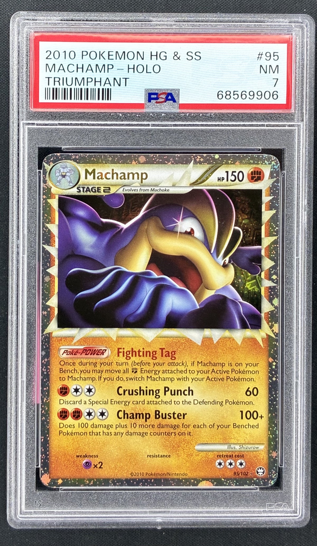 2010 Pokémon HS Triumphant Machamp Prime #95/102 Holo PSA 7 NM English trading card.